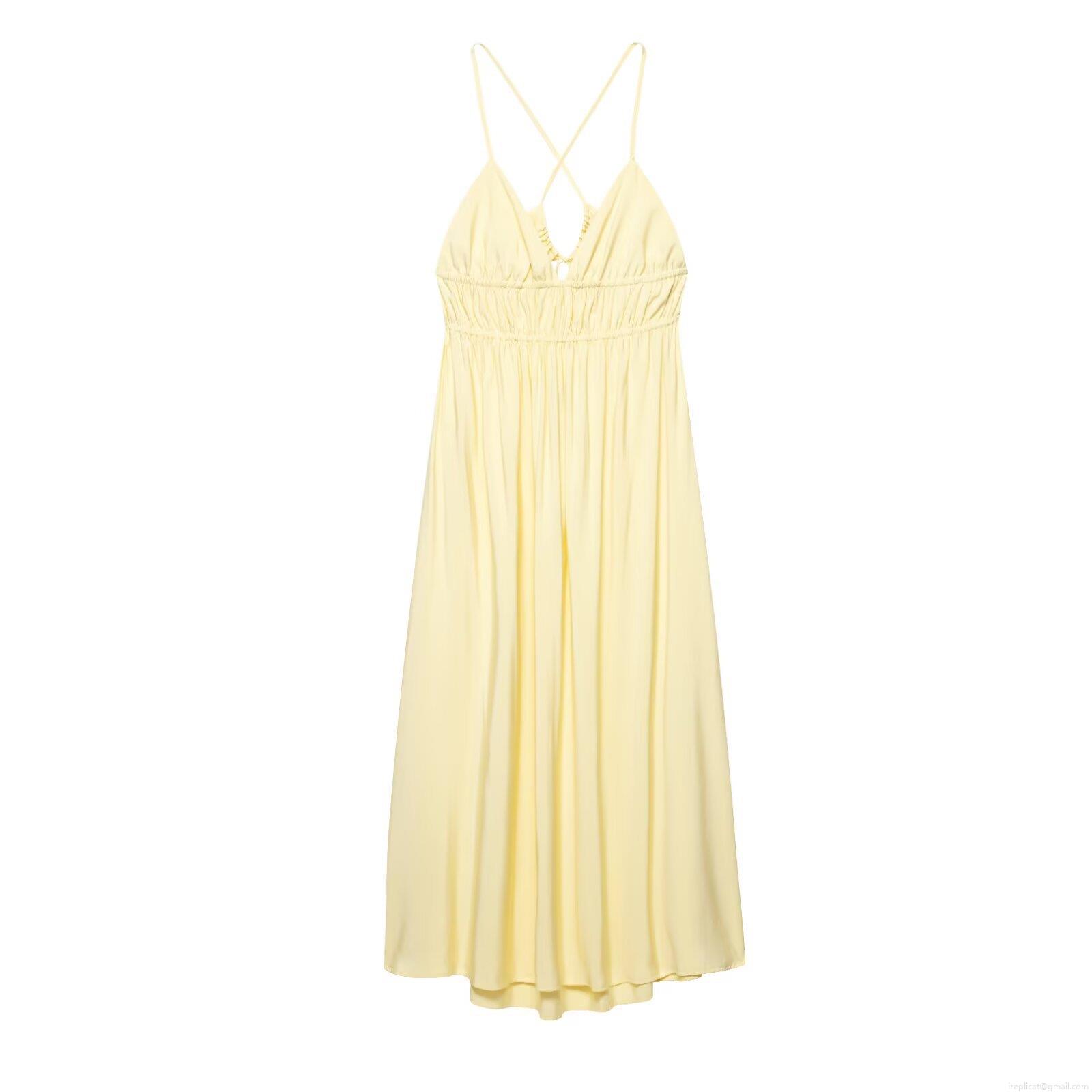 Sexy Backless V-Neck Ruched Cami Dress Women Summer Polyester Cross Strap Maxi Dress Light Yellow Streetwear Party Club Outfits