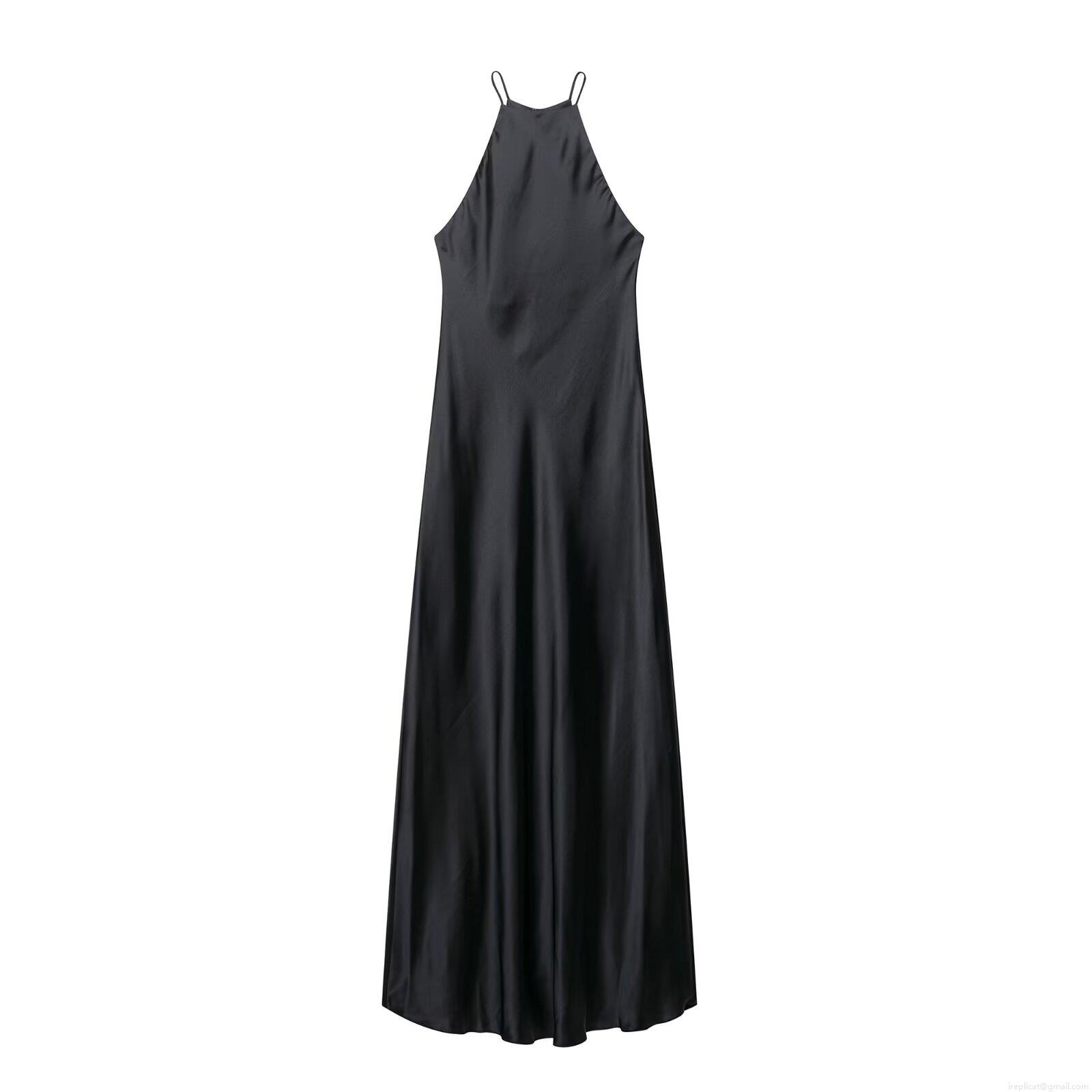Women's Satin Halter Neck Maxi Dress Backless Spaghetti Strap Solid Color Silk Texture Summer Elegant Long Party Dress For Night Out Dating Lady