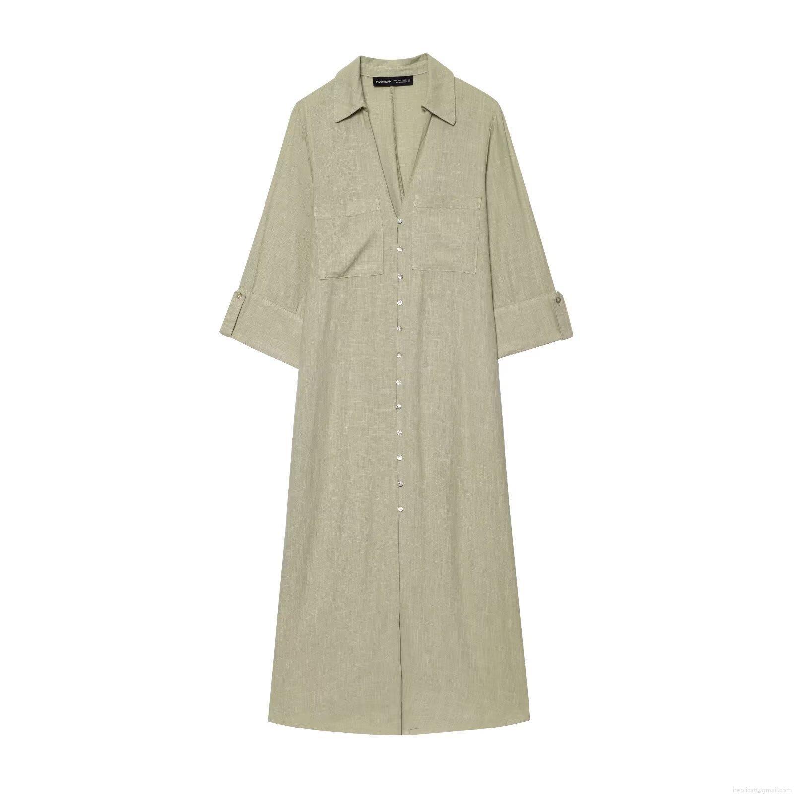 Women Casual Solid Color Shirt Maxi Dress Single Breasted Long Sleeve With Breast Pockets Side Slit Natural Linen Style Polyester Dress For Daily Vacation Streetwear