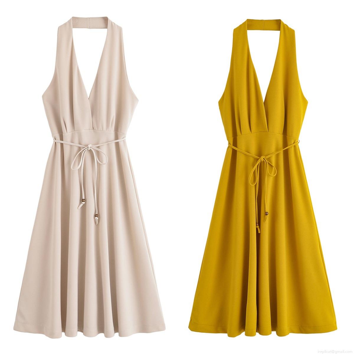 Women's Sexy Backless Halter Neck Maxi Dress Solid Color Lace Up Sleeveless Deep V Neck Dress With Wooden Beads For Summer Party Vacation