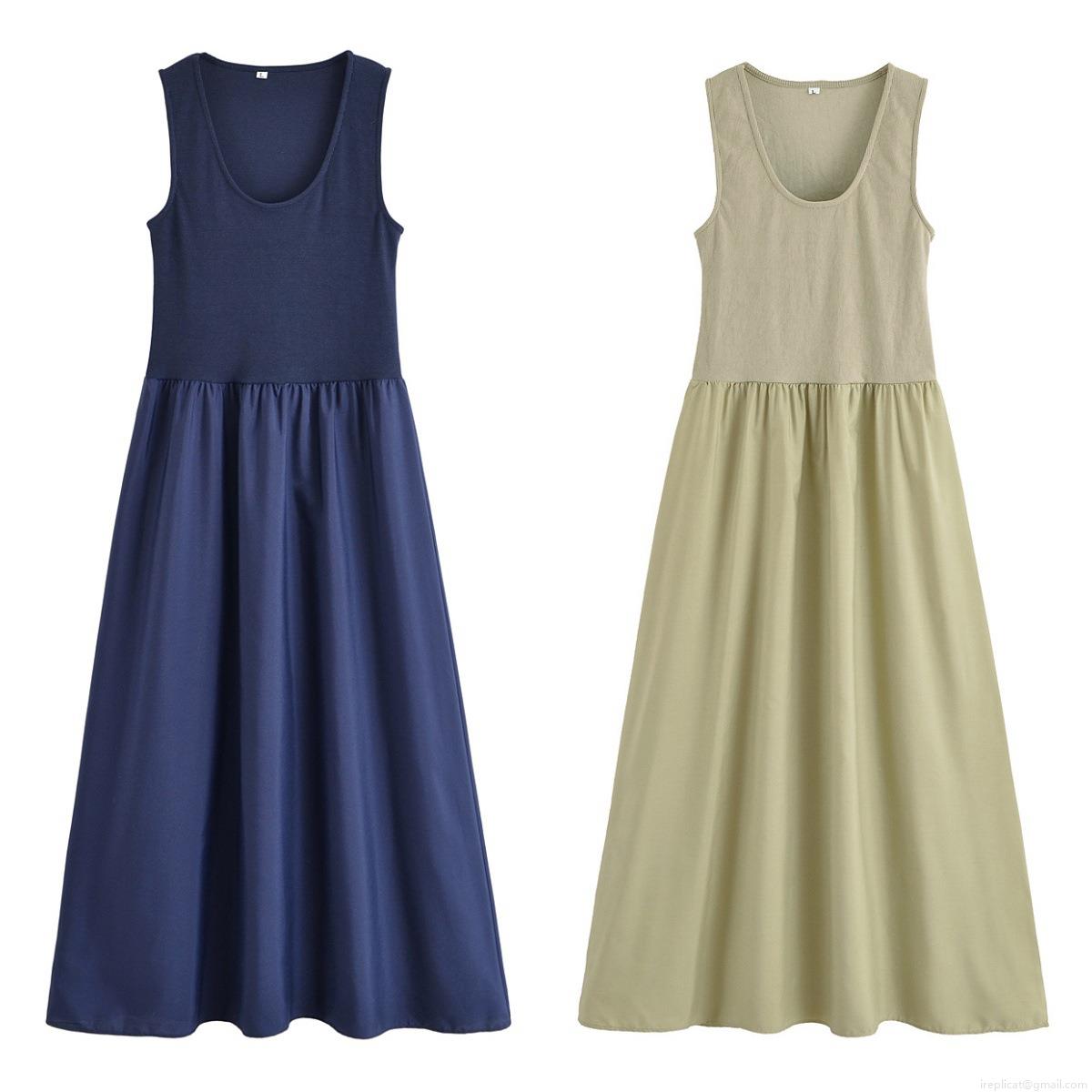 Women's Summer Sleeveless U-Neck Patchwork Maxi Dress Ribbed Knit And Woven Polyester Pleated A-Line Long Dress Casual Streetwear Beach Vacation Clothing