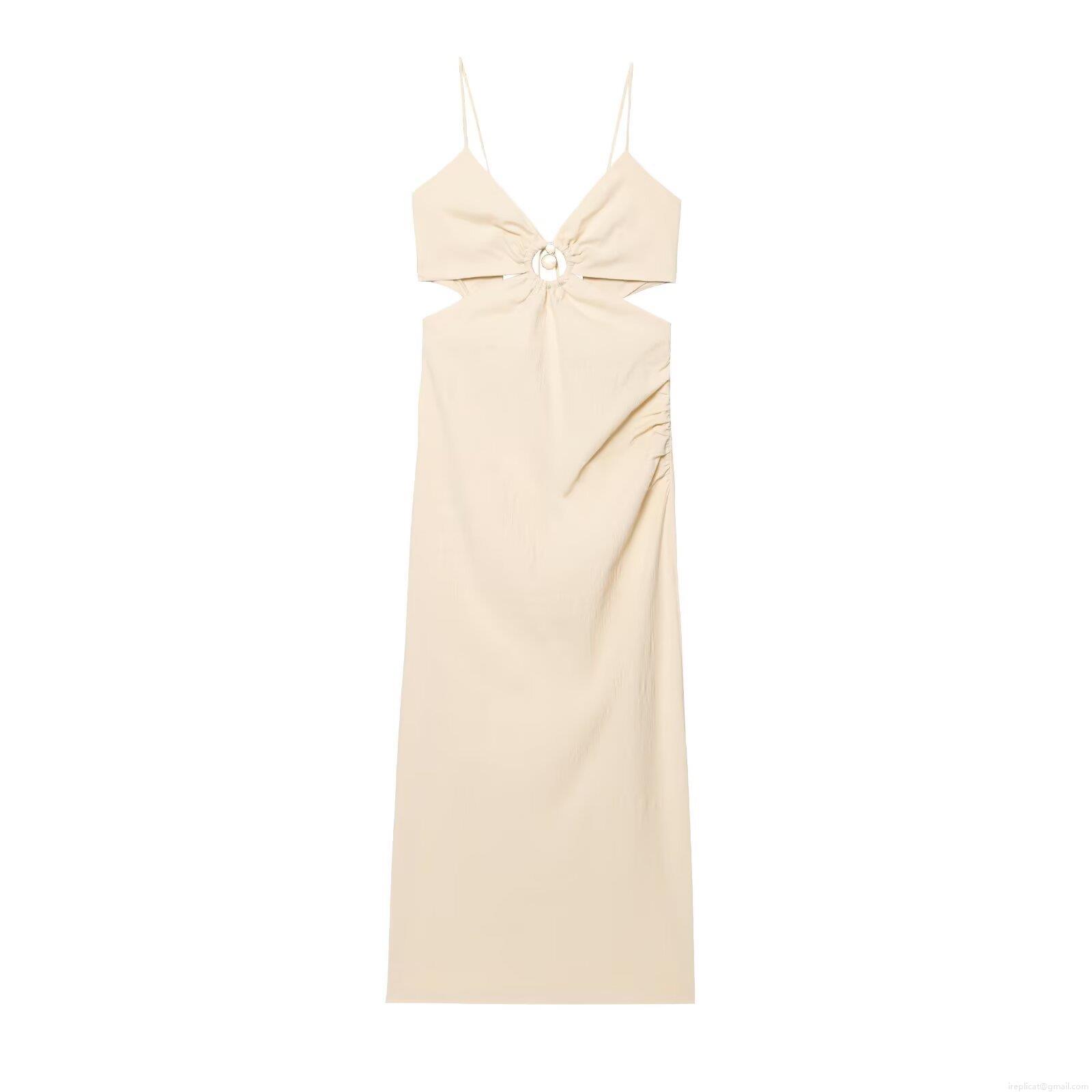 Women's Summer Sexy Cutout Maxi Dress Sleeveless Deep V-Neck Pleated Camisole Dress With Metal Ring Waist Hollow Out Backless Beach Holiday Party Dress