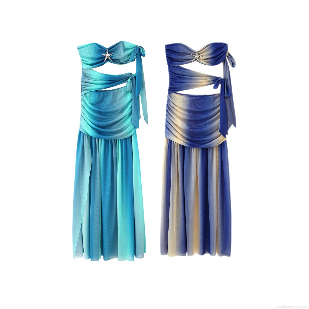 Sexy Women's Ombre Mesh Strapless Maxi Dress Starfish Decoration Cutout Side Tie Ruched Backless Long Dress for Beach Party Club
