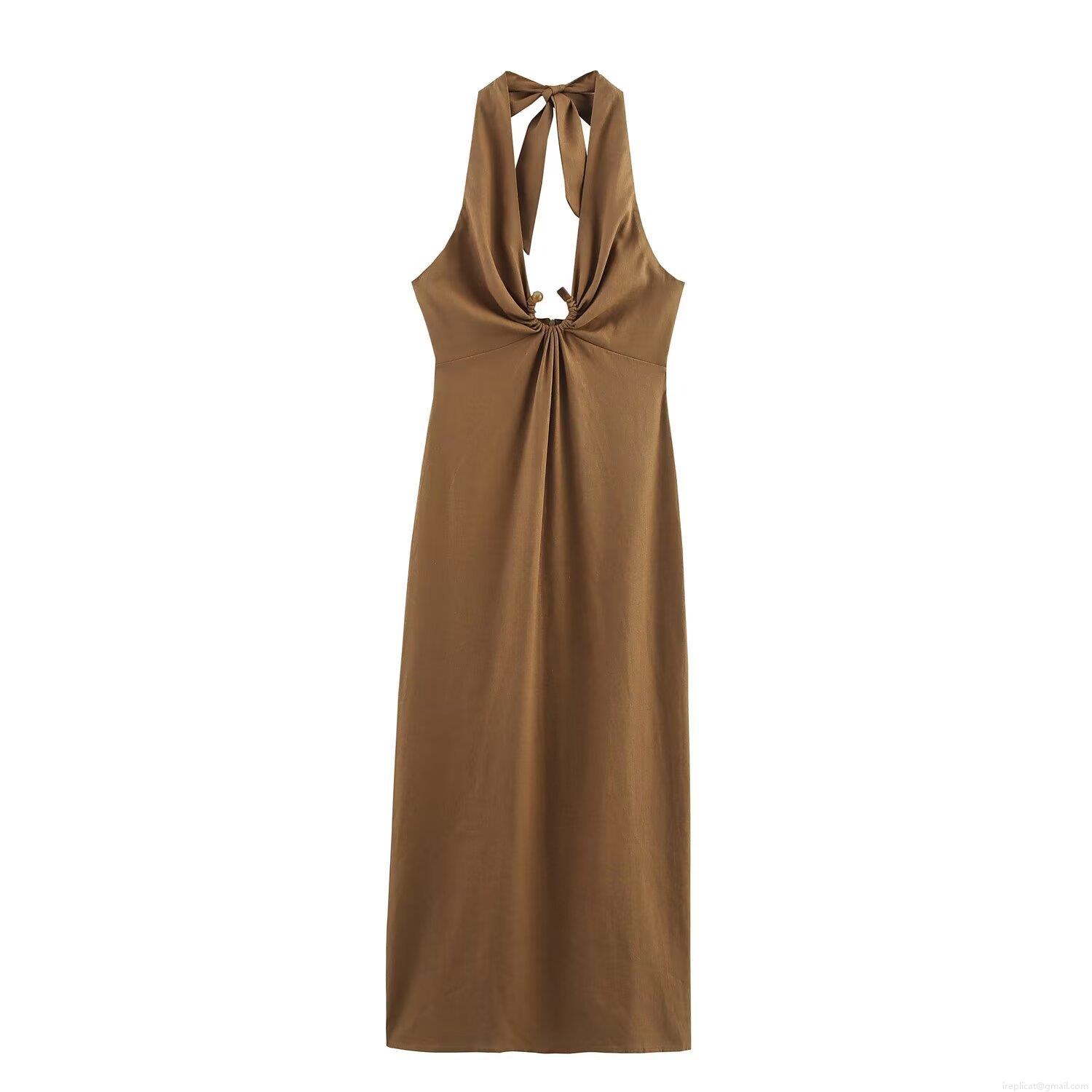Women Halter Neck Cut Out Backless Tie Up Ruched Maxi Dress Sexy Solid Color Sleeveless Caramel Brown Streetwear Party Vacation Long Dress