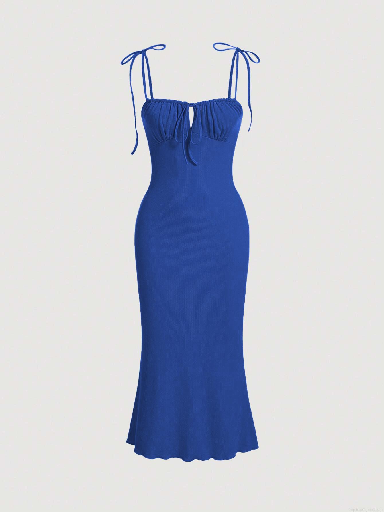 Women's Sexy Ruched Bust Knit Maxi Dress Viscose Blend Spaghetti Strap Drawstring Lace Up Mermaid Hem Bodycon Long Dress for Party Club Evening