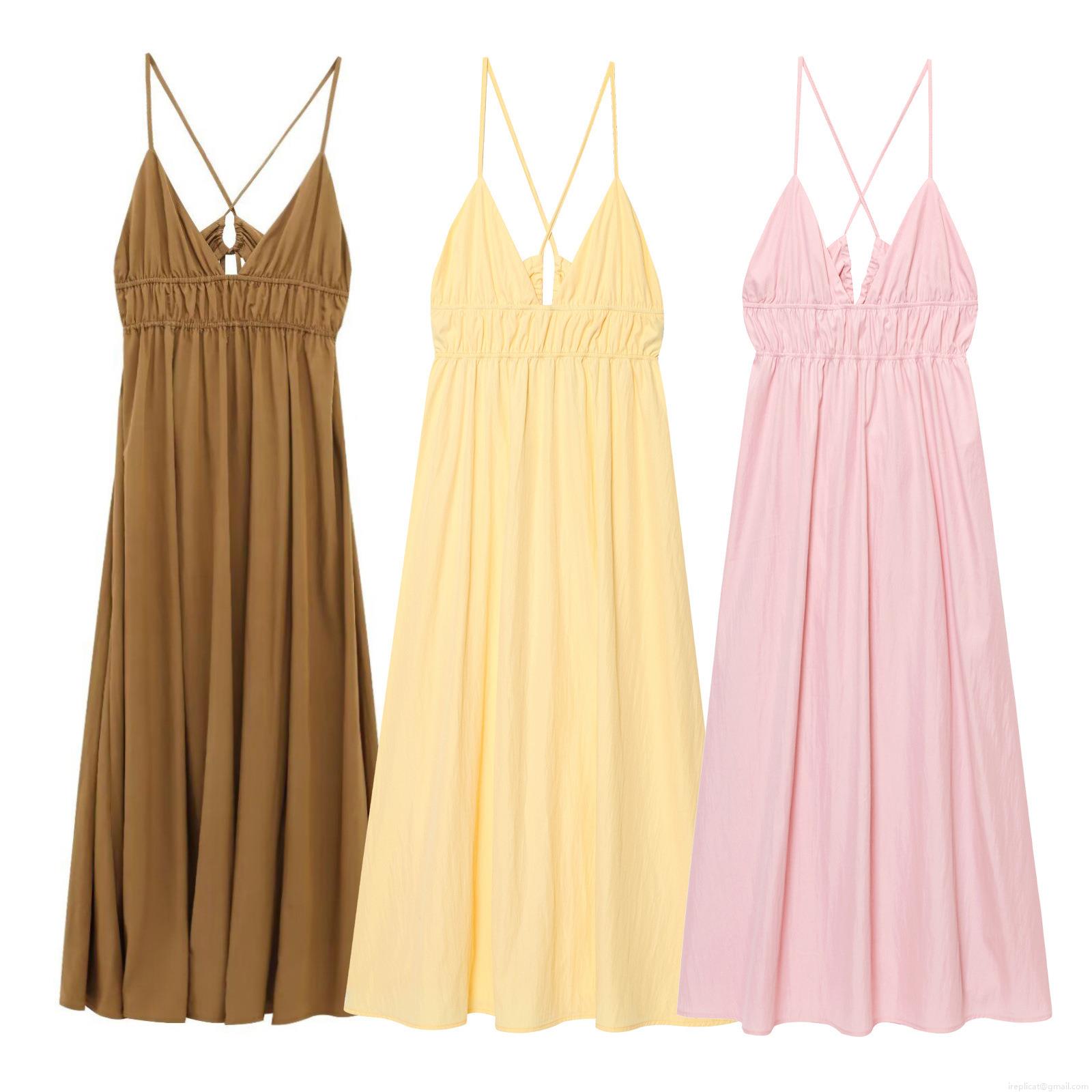 Women's Sexy Backless Spaghetti Strap Maxi Dress Summer V Neck Polyester Cross Back Solid Color Slim Fit Western Style Midi Sundress