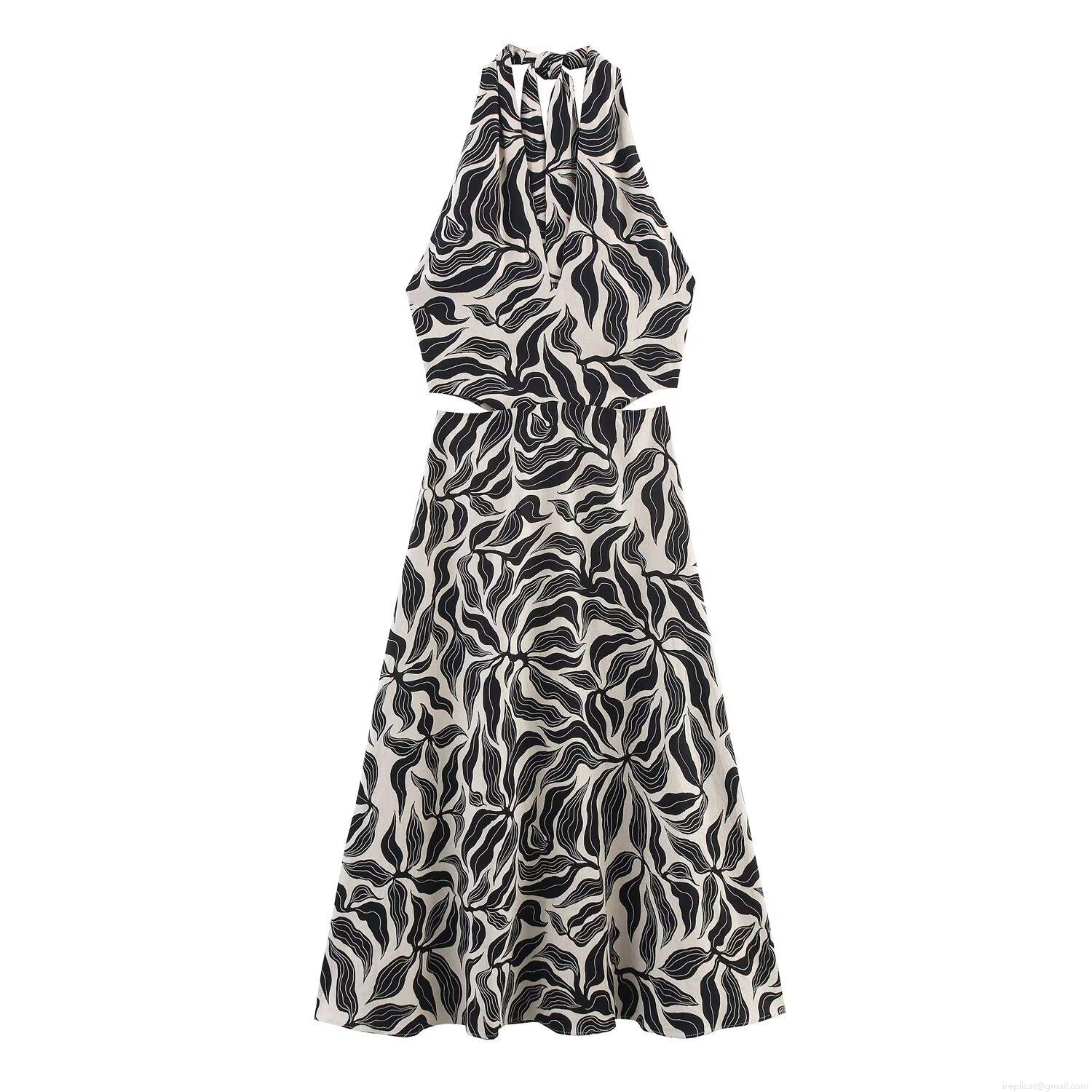 Women's Summer Halter Backless Waist Hollow Abstract Leaf Print Linen Blend Maxi Dress Sleeveless A-Line Long Dress For Vacation Party