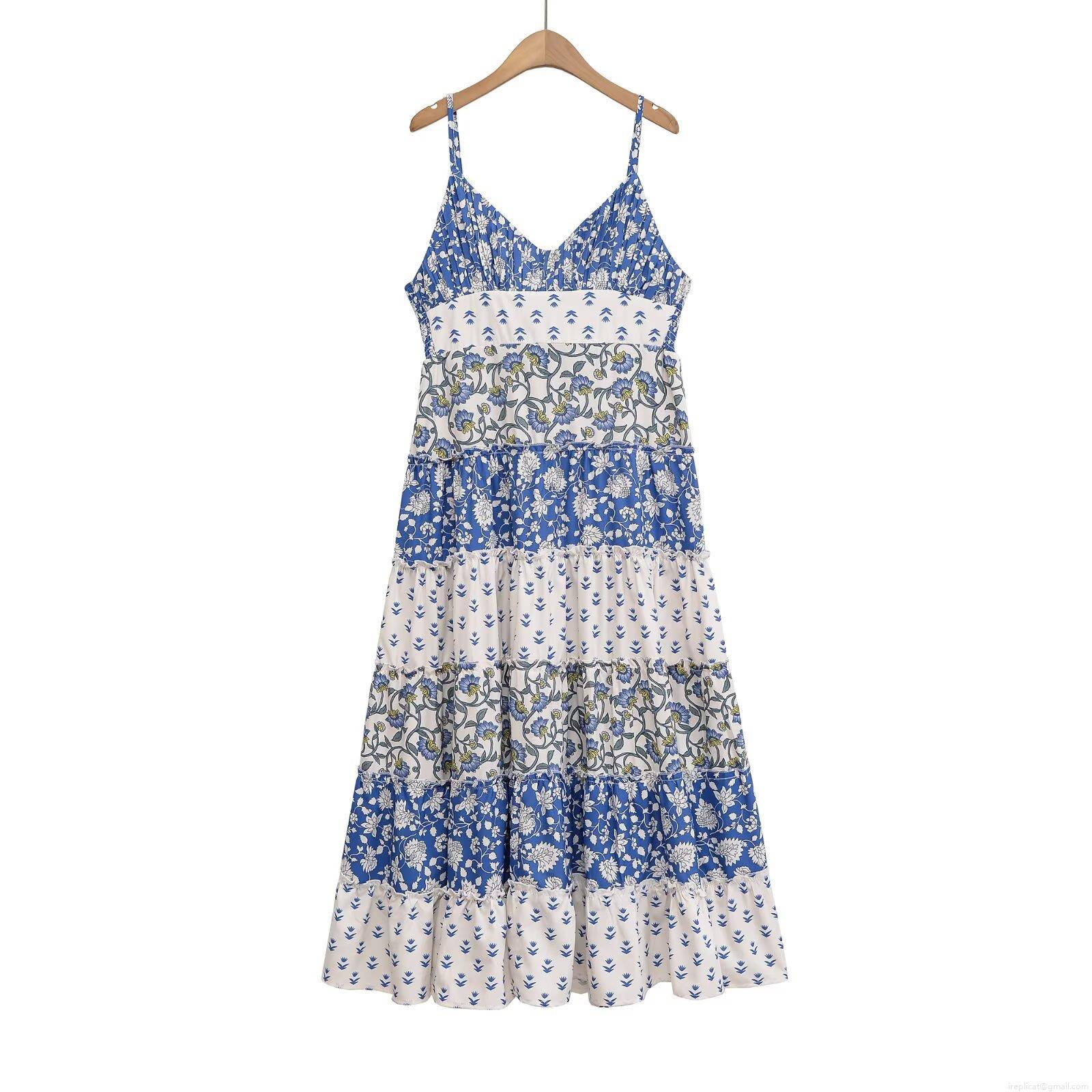 Women's Summer Floral Print Tiered Cami Dress Bow Decor V Neck Layered Patchwork Boho Maxi Sundress For Holiday Beach Casual Streetwear