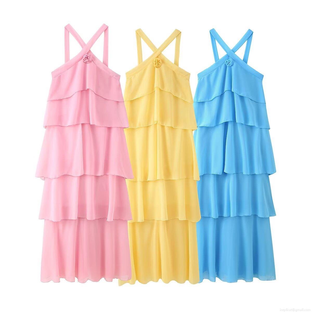 Women Summer 3D Flower Decoration Chiffon Cami Maxi Dress Elegant Layered Ruffle Tiered Cake Dresses For Party Wedding Vacation Holiday Lady Clothes