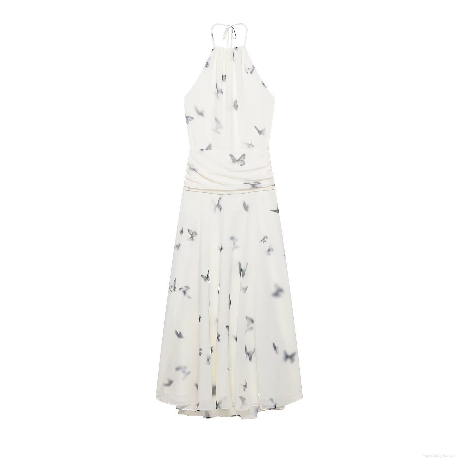 Women's Halter Neck Backless Maxi Dress Polyester Chiffon Butterfly Print Tie-up Pleated Long Dress For Summer Party Vacation Elegant Streetwear
