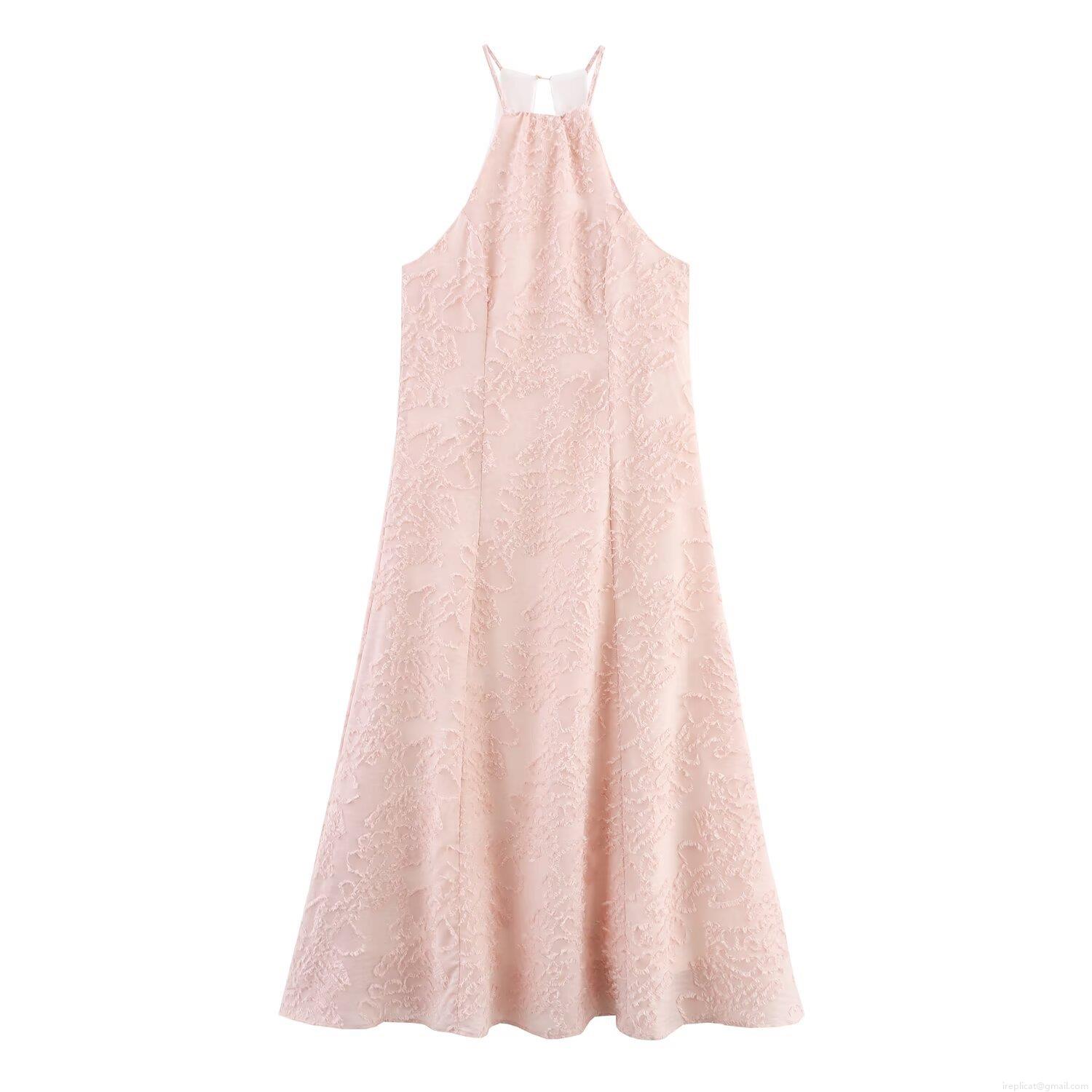 Women Western Style Halter Backless Dress Elegant Pink 3D Textured Floral Lace Sleeveless A-Line Maxi Midi Dress For Party Vacation Dating Women Clothing