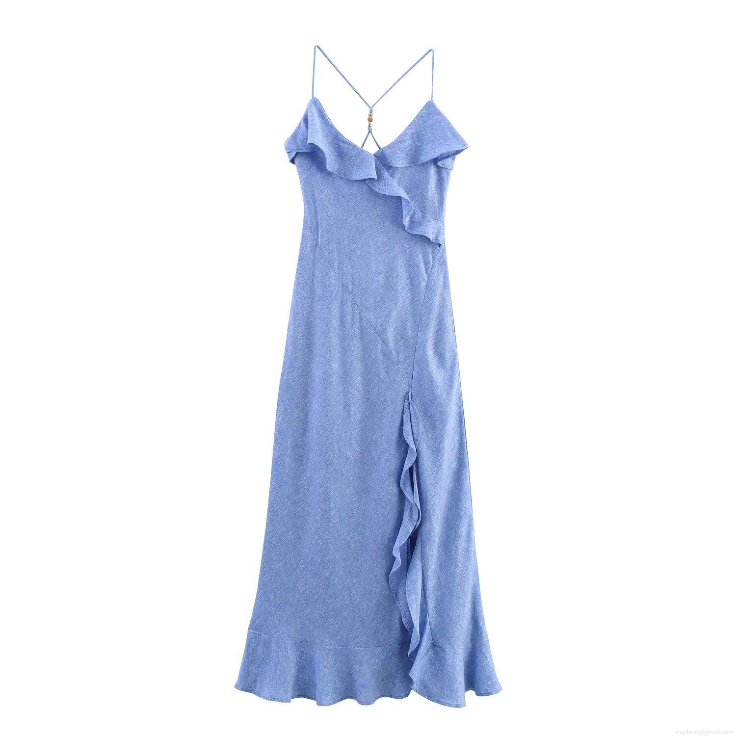 Women's Sexy Backless Ruffle Cami Maxi Dress Crisscross Straps V-Neck High Slit Polyester Linen-Like Summer Beach Vacation Long Sundress With Wooden Beads