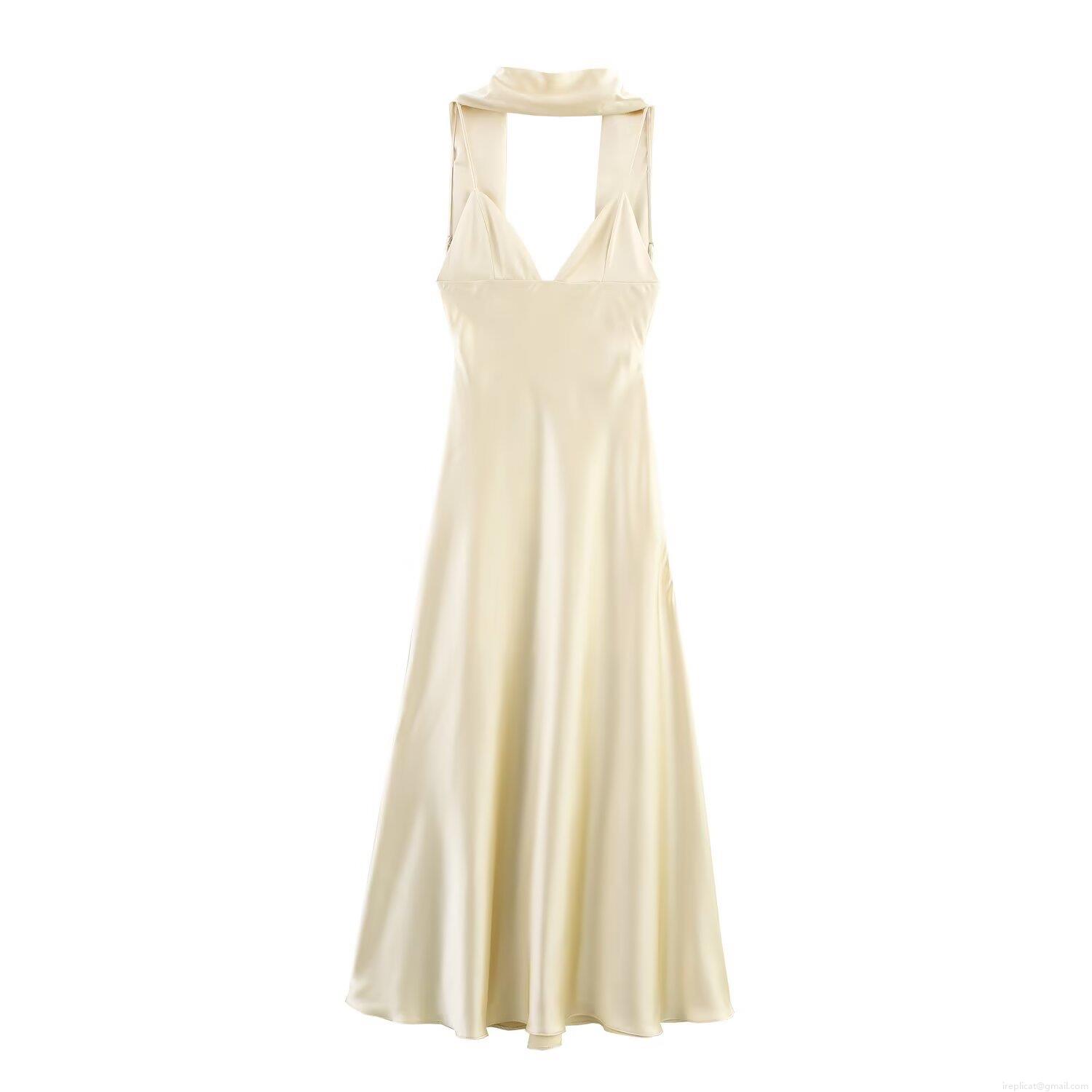 Women's Sexy Halter Backless Maxi Dress Satin Texture Scarf Neck V Neck Sleeveless Solid Color Elegant Champagne Party Slip Dress Evening Gown Summer Fashion