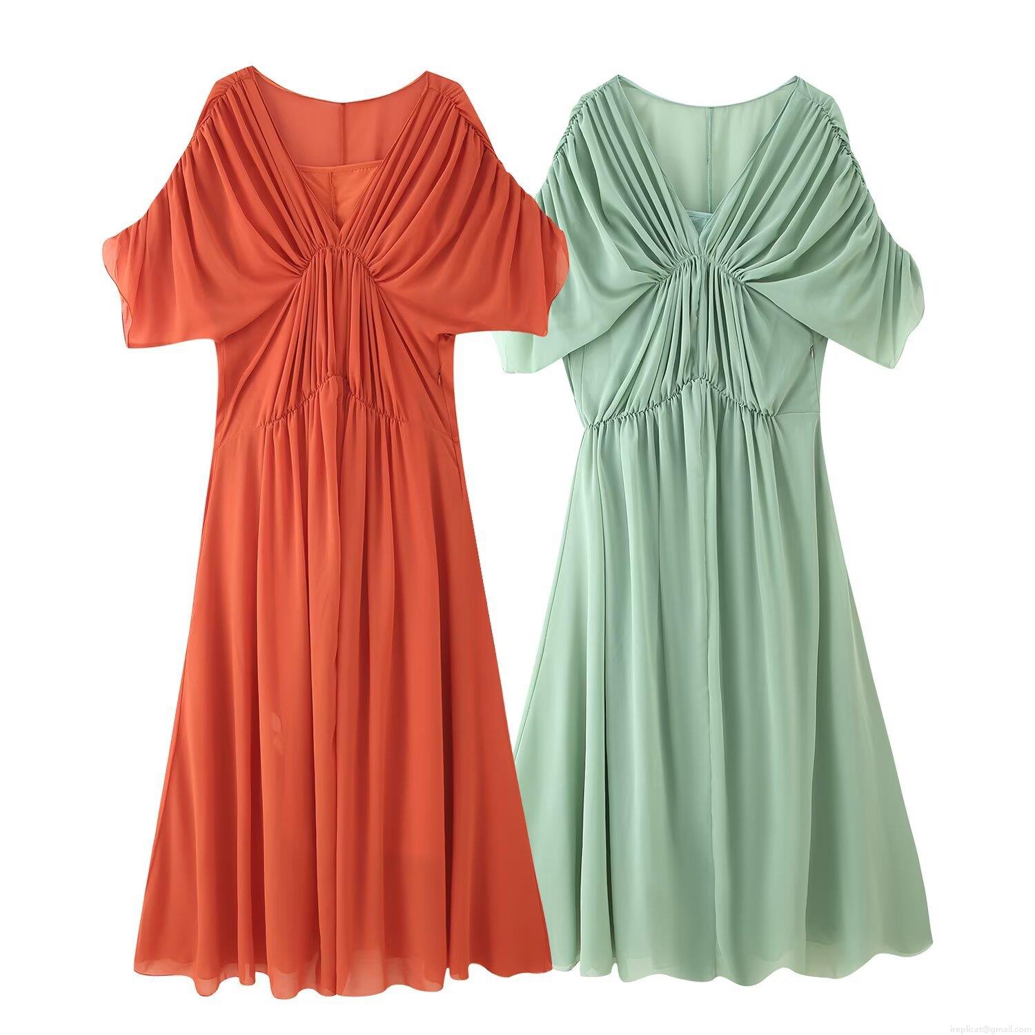 Women Summer Elegant Solid Color V-Neck Pleated Maxi Dress Short Cap Sleeve Asymmetrical Ruched High Waist Long Dress For Casual Party Vacation Ladies
