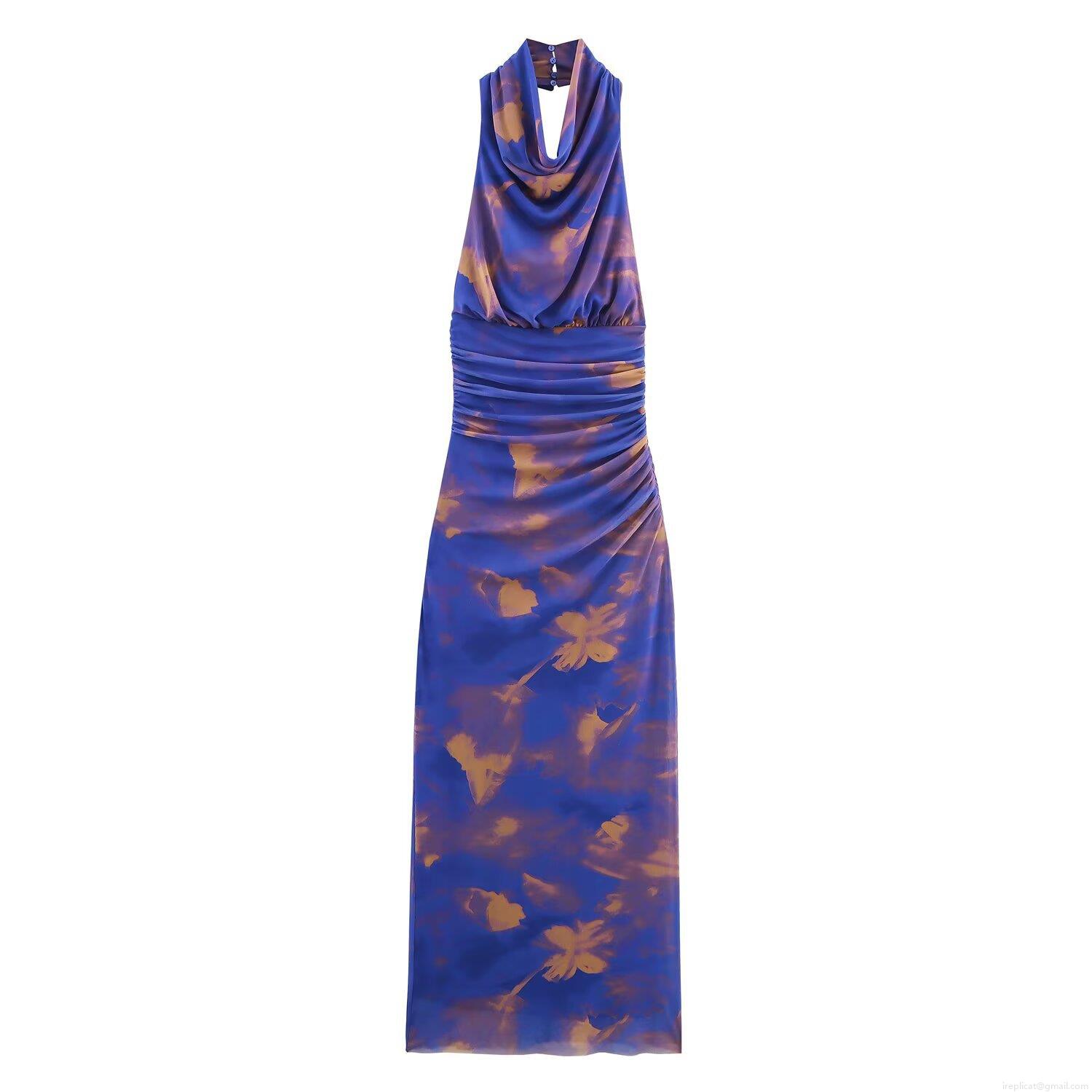Women Halter Backless Maxi Dress Sexy Polyester Mesh Abstract Floral Print Ruched Slim Fit Evening Party Summer Vacation Streetwear Dress