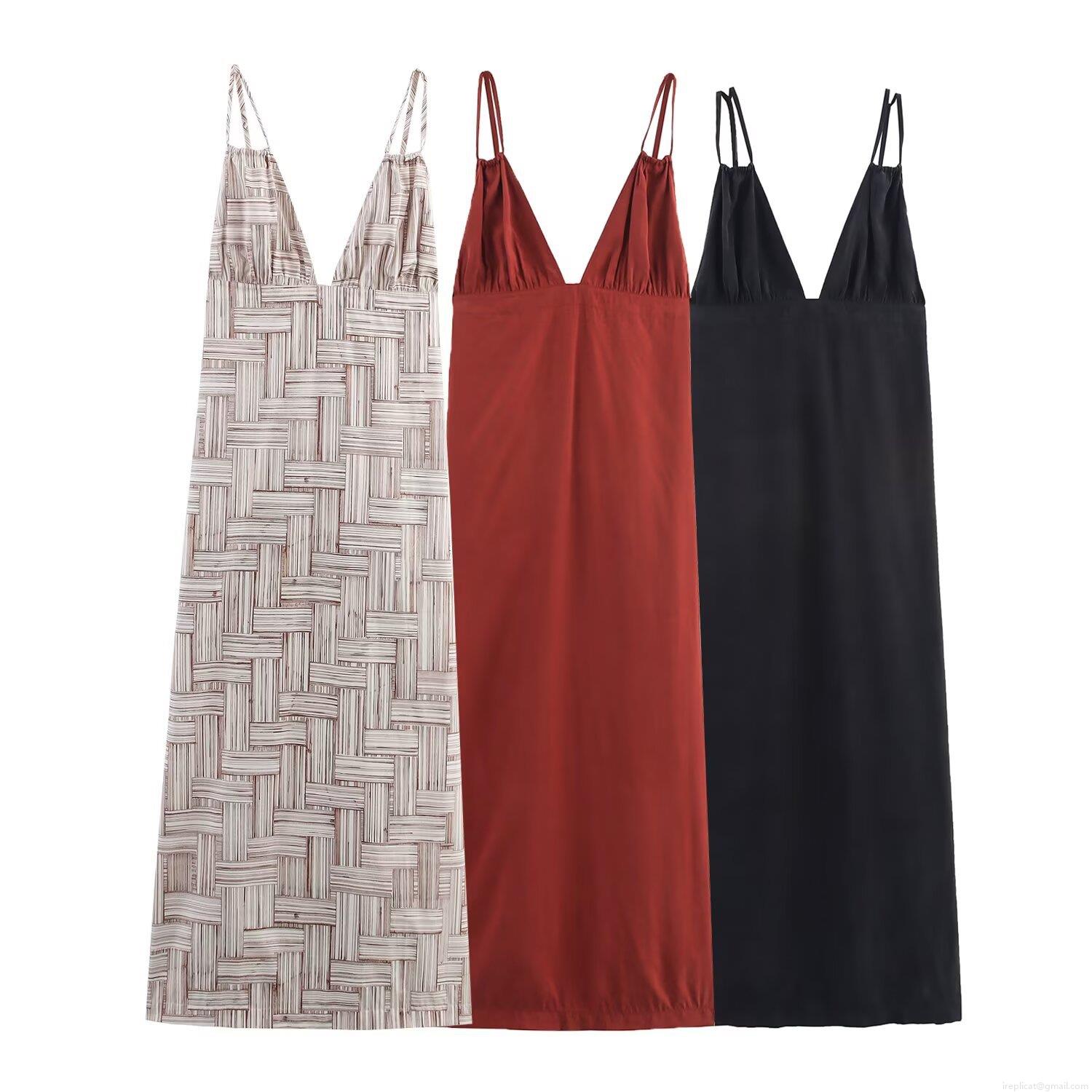 Women's Sexy V-Neck Spaghetti Strap Maxi Dress Summer Vacation Beach Backless Ruffle Geometric Print Polyester Satin Sleeveless Slim Fit Long Cami Dress For Ladies