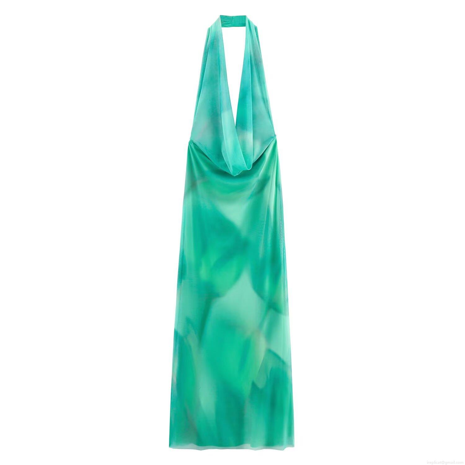 Women Sexy Halter Neck Backless Mesh Maxi Dress Gradient Floral Print Summer Sleeveless Pleated Long Party Dress For Women Holiday Beach Wear