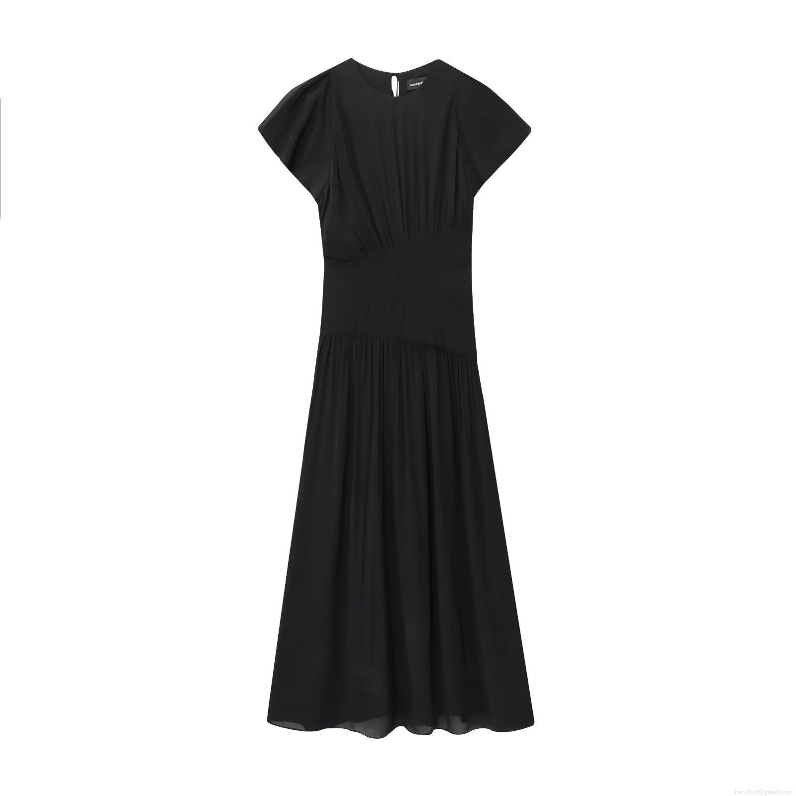 Women's Summer Short Sleeve Round Neck Solid Color Polyester Maxi Dress With Cinching Waist And Pleated Skirt For Casual Streetwear Daily Wear