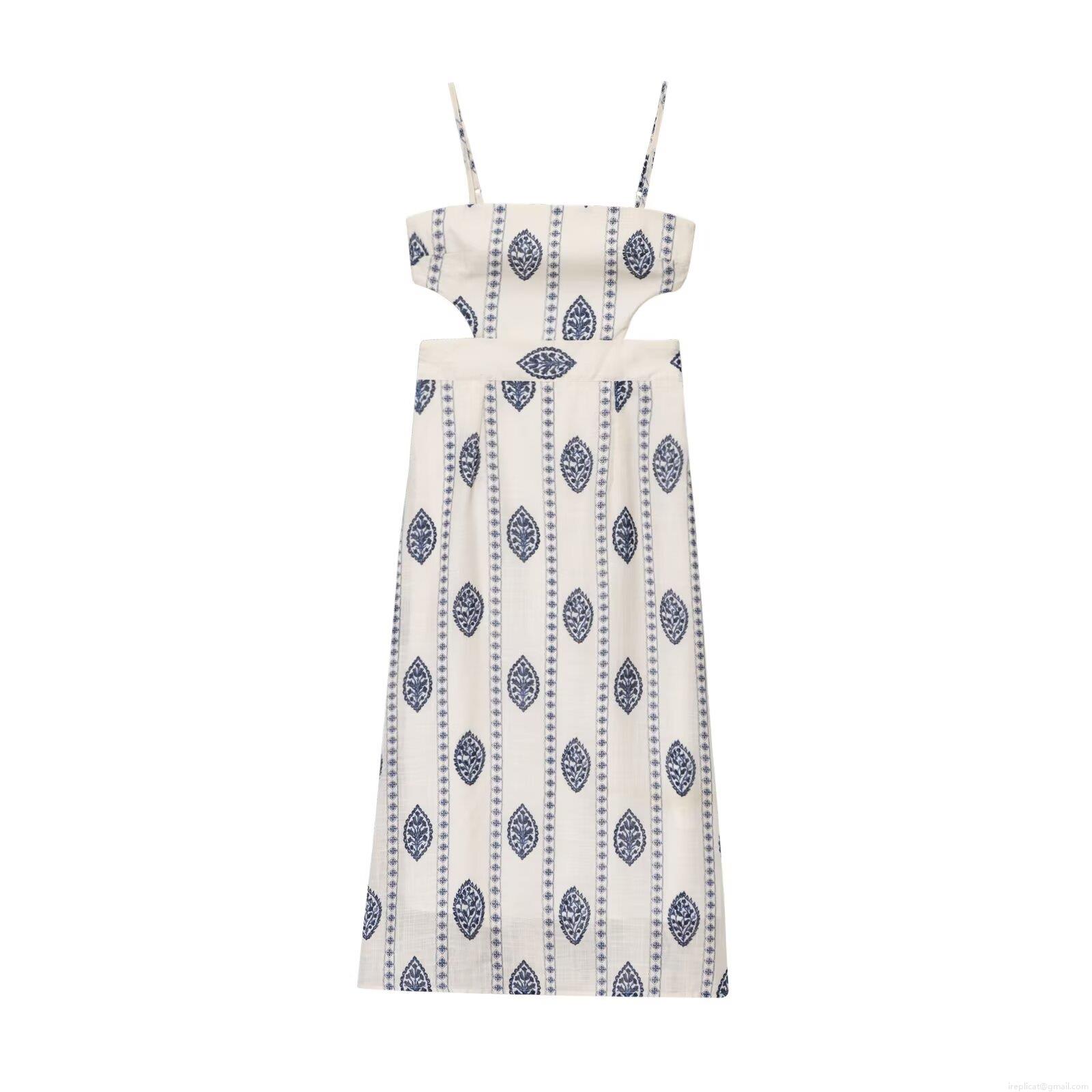 Women Sexy Hollow Out Backless Camisole Maxi Dress Vintage Leaf Print Imitation Linen Polyester Long Beach Vacation Dress For Women