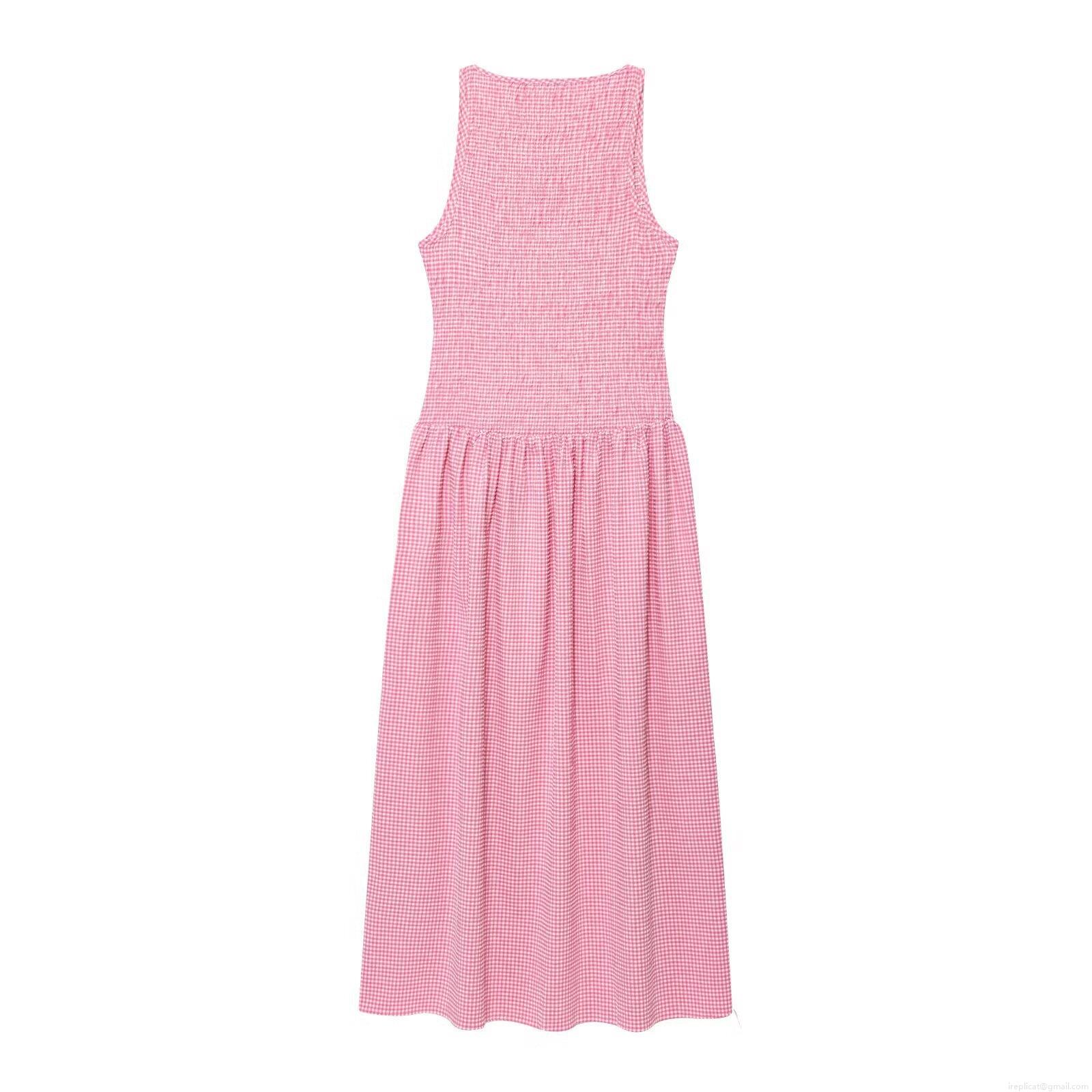 Women's Summer Pink White Gingham Maxi Dress Smocked Bodice Sleeveless Round Neck A-Line Polyester Long Sun Dress For Vacation Beach Daily Wear