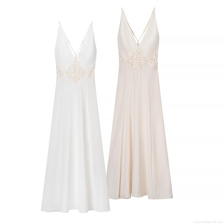 Women's Elegant Backless Satin Maxi Dress With Lace Patchwork Sexy V-Neck Camisole Long Slip Dress For Summer Party Wedding