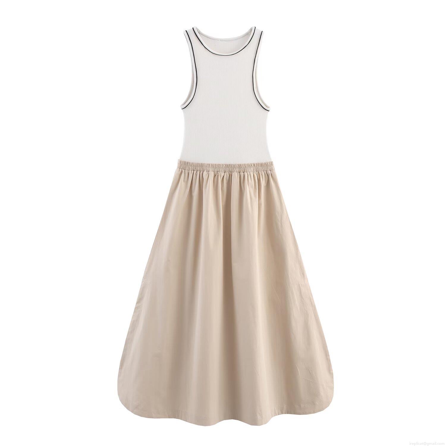 Women's European Style Patchwork Maxi Dress Sleeveless Ribbed Knit Top Khaki Woven Skirt Round Neck Bohemian Casual Summer Streetwear Long Dress