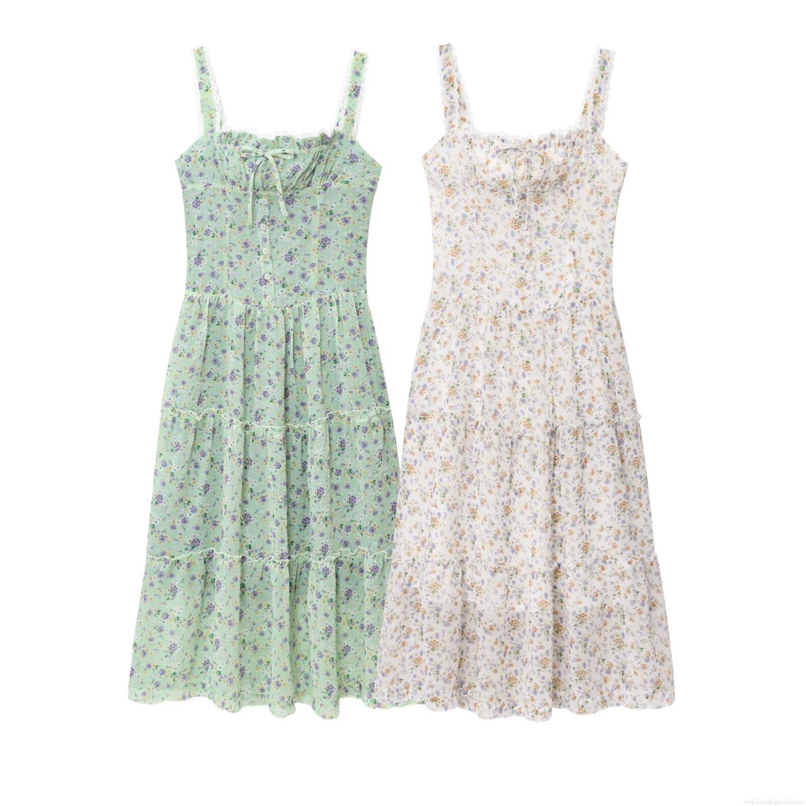 Women's Summer Floral Suspender Maxi Dress French Pastoral Lace Trim Bow Tie Layered Cake Skirt Smocking Back A-Line Long Dress For Beach Vacation