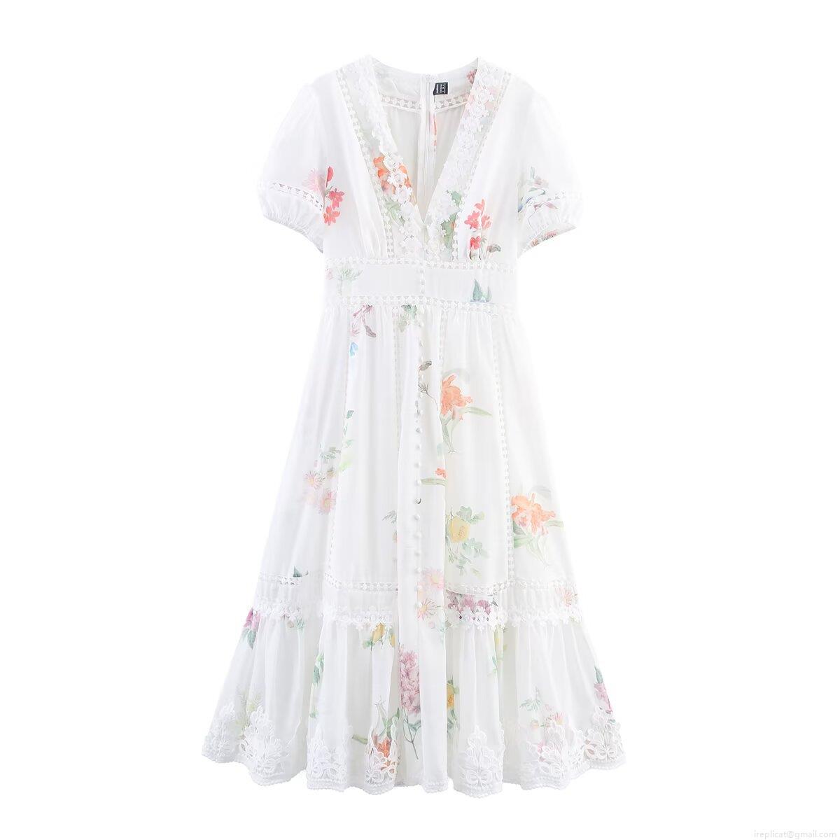 French Retro Floral Maxi Dress V Neck Lace Splicing Puff Sleeve A-Line Polyester Long Dress For Women Summer Vacation Party