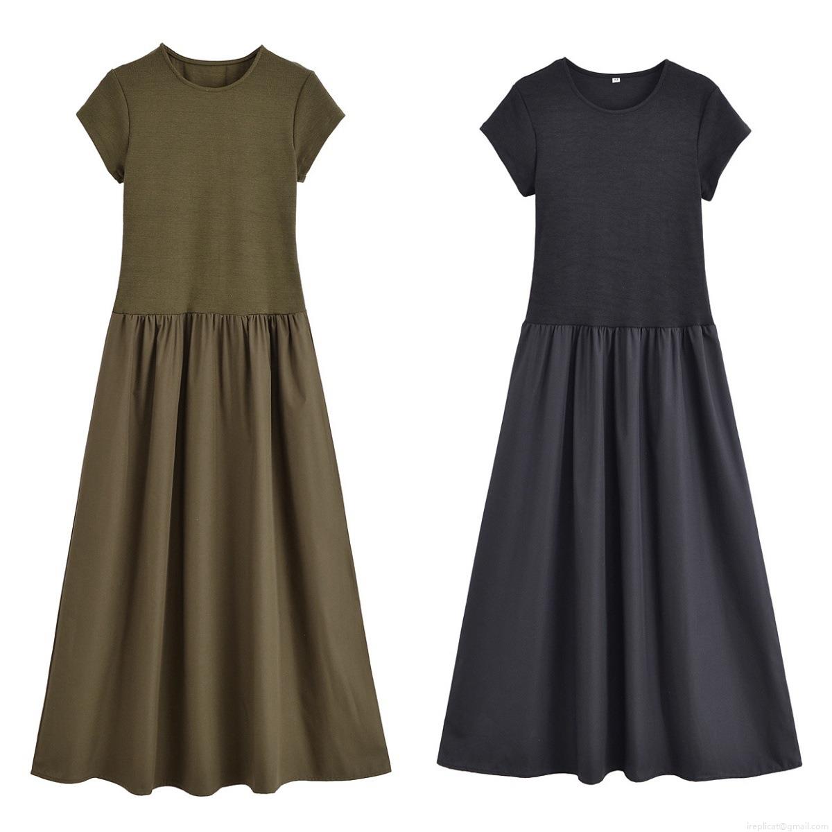 Women's Summer Spliced Maxi Dress Ribbed Knit Top Woven Skirt Round Neck Short Sleeve Solid Color Waist Cinching Casual Long Dress