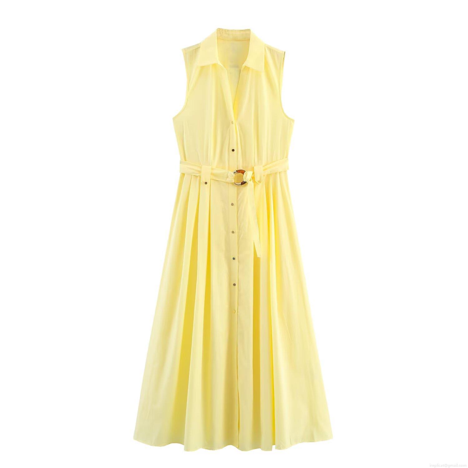 Women Yellow Sleeveless Shirt Maxi Dress Lapel Collar Single Breasted Flared Pleated Hem With Belt Resin Buckle Polyester Casual Party Streetwear