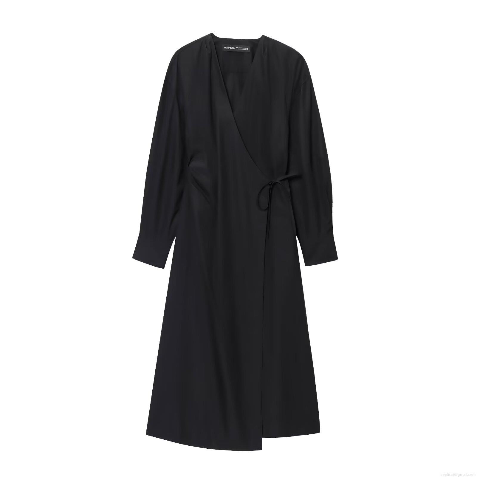 Women's Elegant V-Neck Long Sleeve Maxi Dress Solid Color Wrap Tie Waist Umbrella Skirt Casual Streetwear Autumn Fall Party Dating Dress