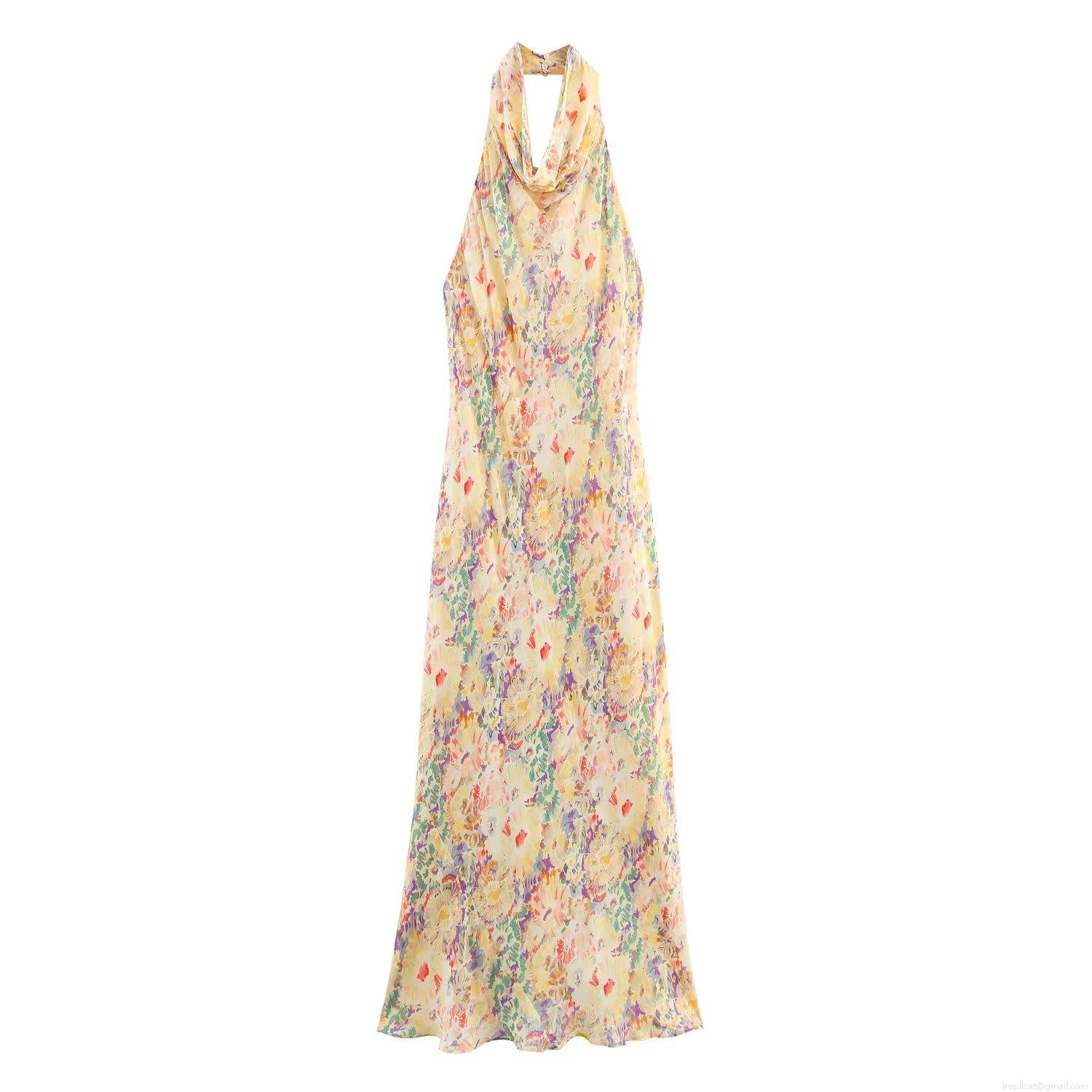 Women's Floral Print Halter Maxi Dress Backless A-Line Sleeveless Summer Beach Vacation Holiday Dress European Street Style Long Sun Dress