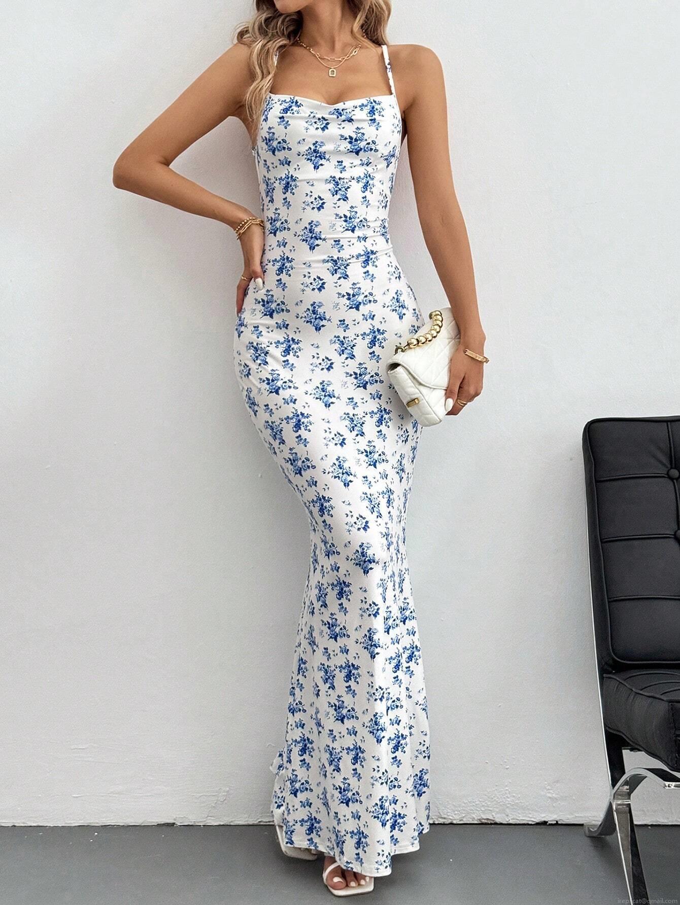 Women's Sexy Backless Floral Maxi Dress Elegant Spaghetti Strap Sleeveless Slim Fit Fishtail Sundress For Summer Vacation Party Beach Wear