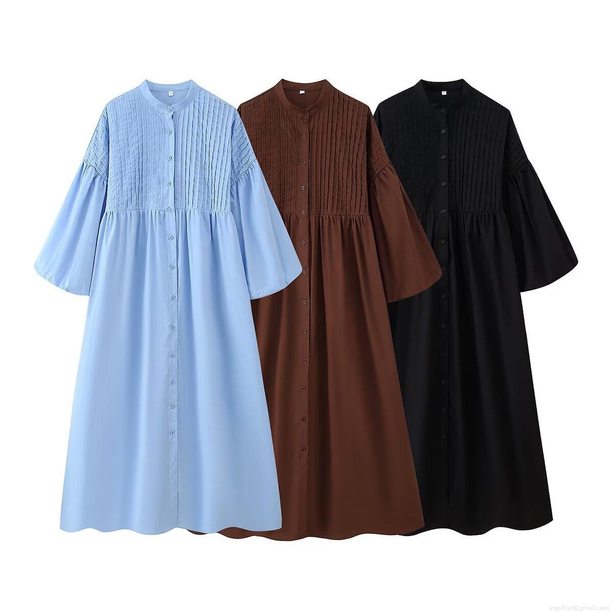 Women Retro Round Neck Puff Sleeve Pintuck Shirt Dress Loose Fit Single Breasted Polyester Solid Color Lantern Sleeve Maxi Dress For Casual Daily Wear