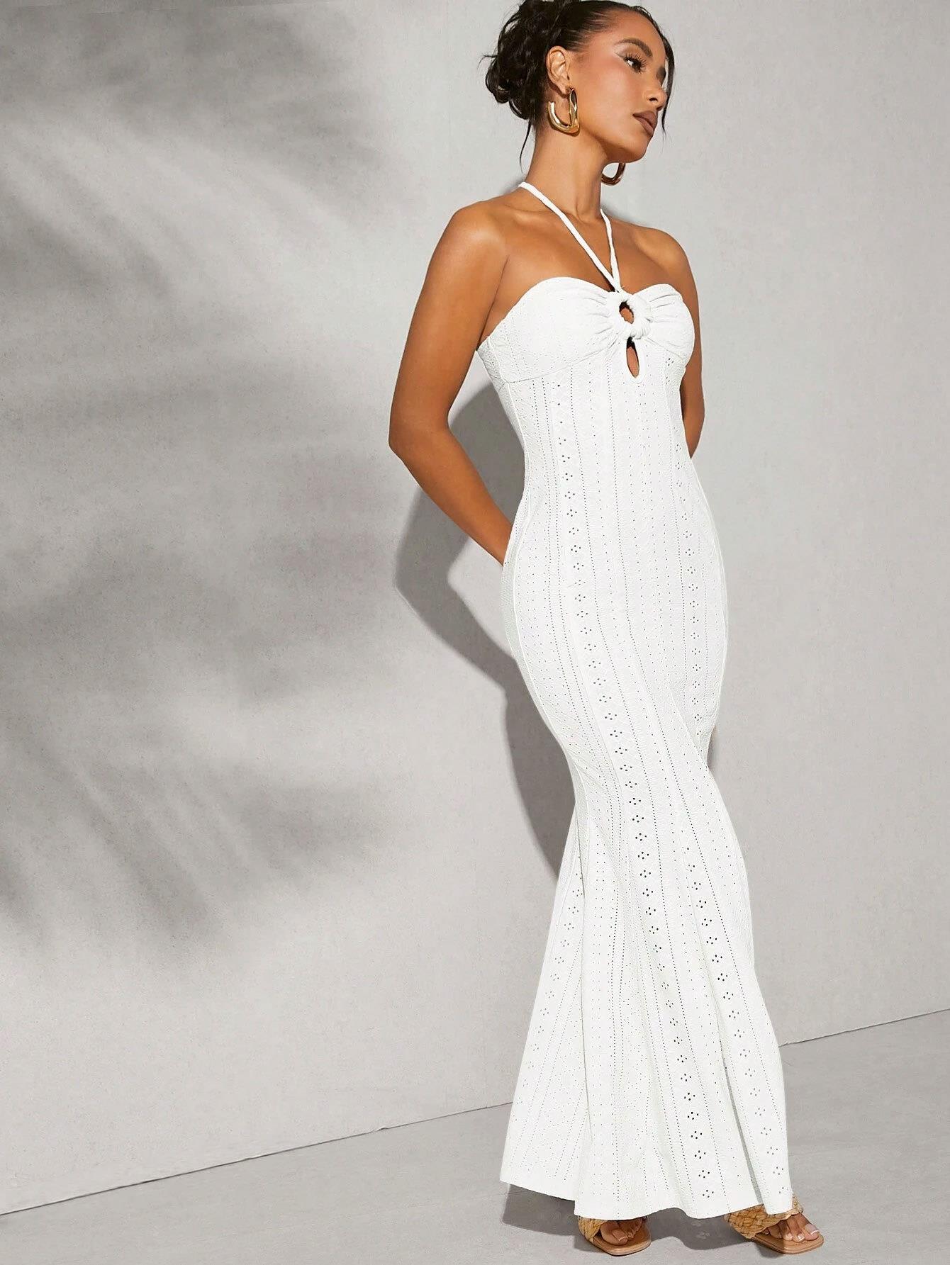 Women's White Halter Neck Pointelle Maxi Dress Elegant Slim Fit Backless Fishtail Hollow Out Knit Long Dress For Summer Vacation Resort Wear
