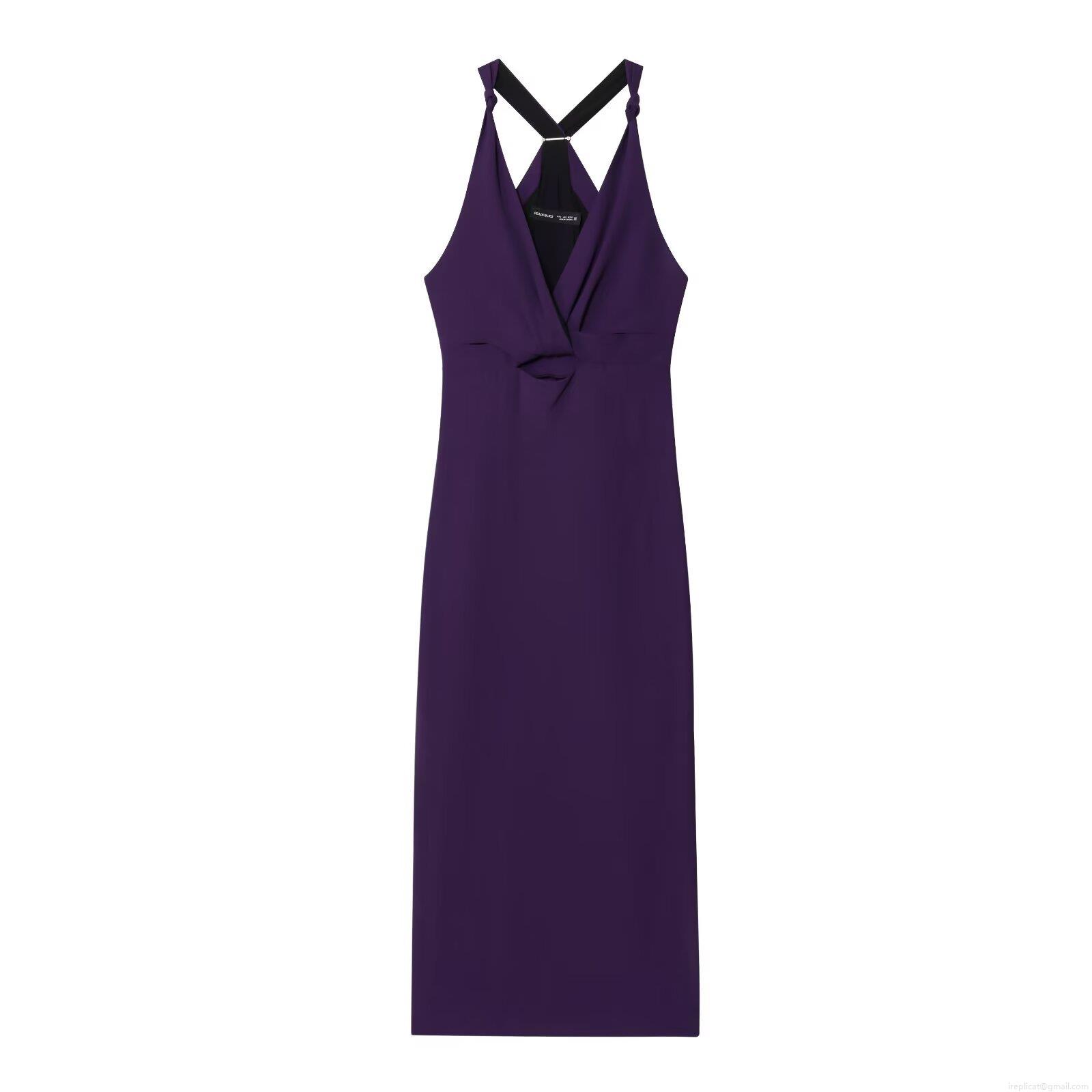 Women's European Style Halter V Neck Backless Maxi Dress Polyester Criss Cross Straps Pleated Waist Dress With Metal Ring Decoration For Party Streetwear