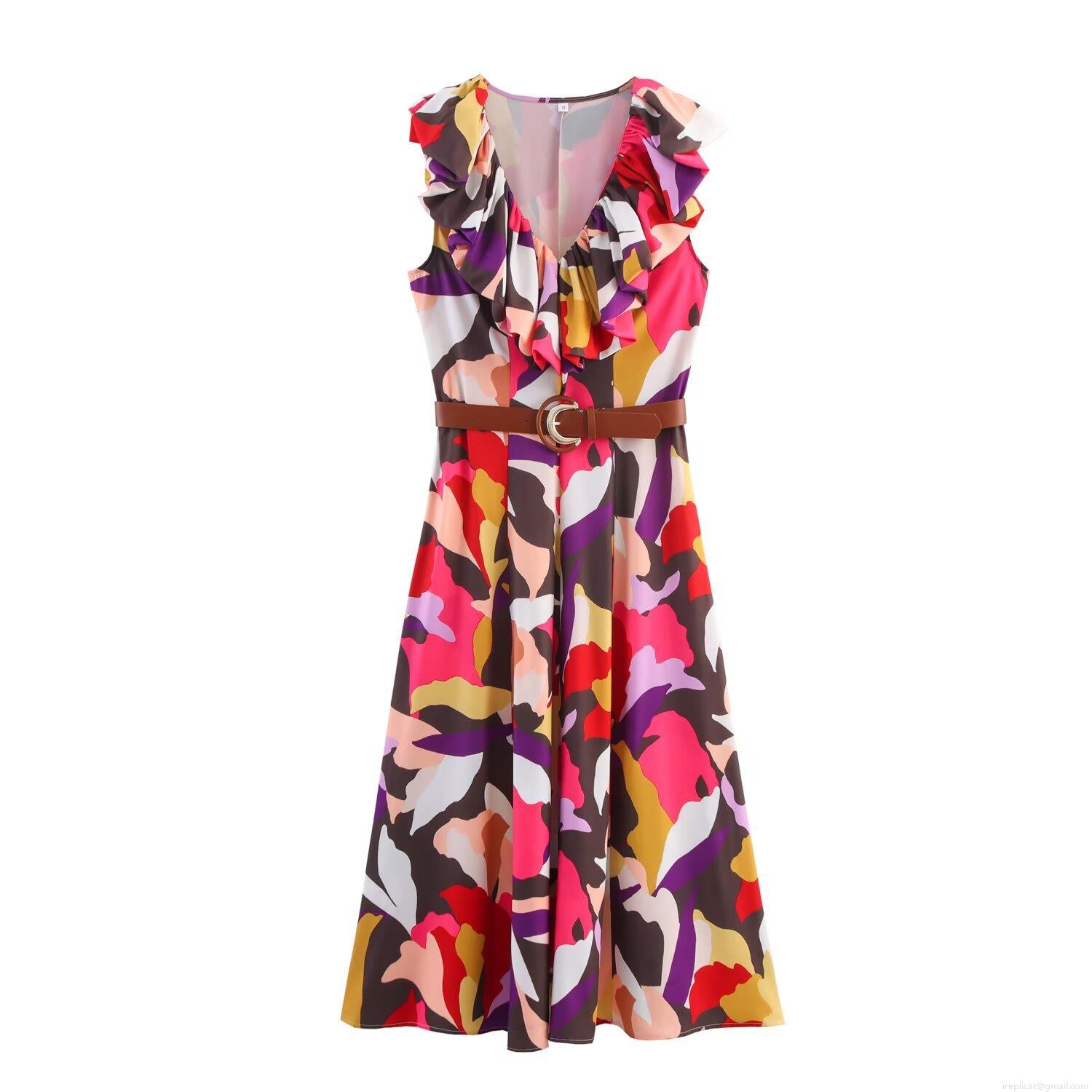 Women Abstract Floral Print V-Neck Ruffle Sleeveless Belted Maxi Dress Casual Western Style A-Line Streetwear Party Vacation Dress