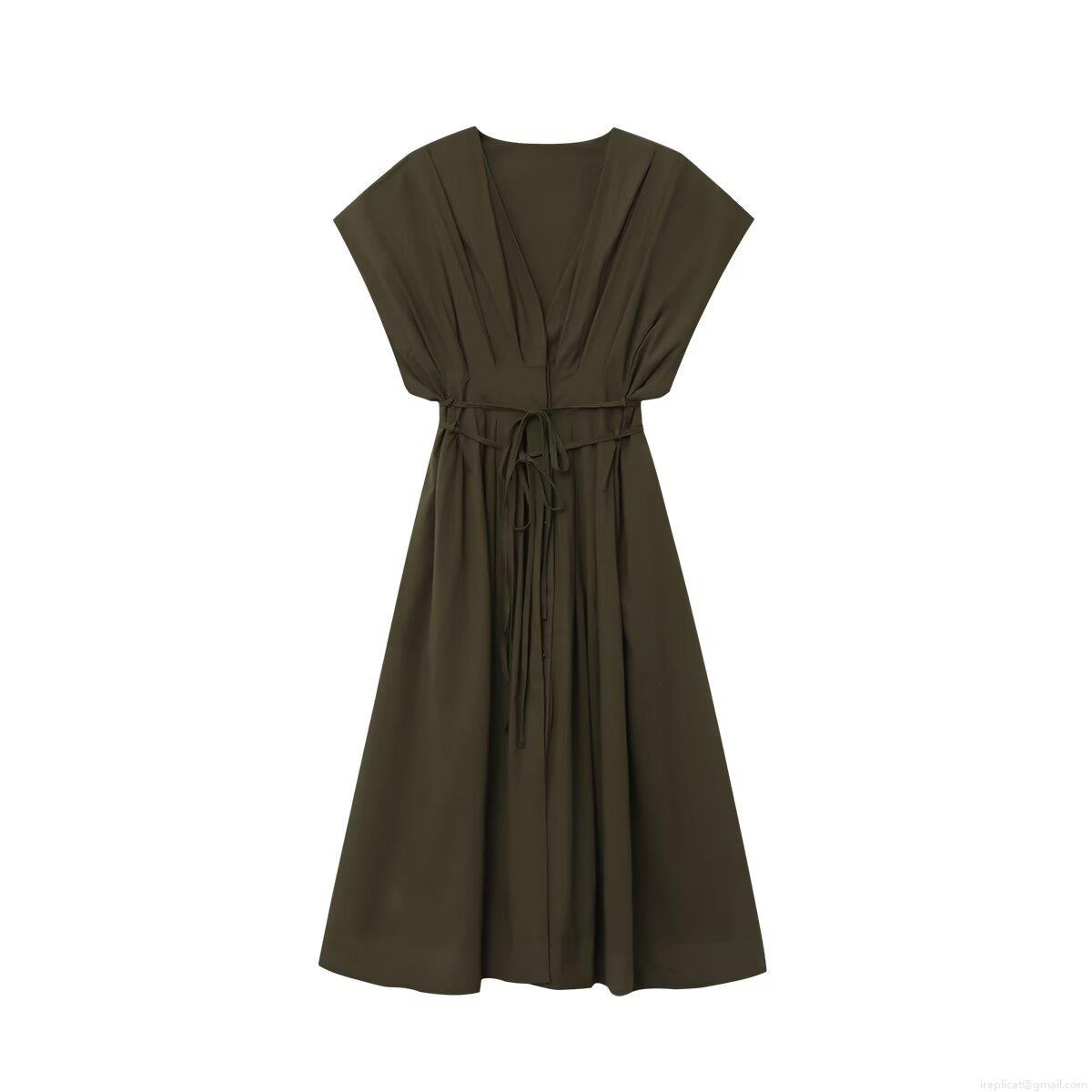 Women's V Neck Sleeveless Waist Tie Solid Color A-Line Maxi Dress 100% Polyester Elegant Streetwear Autumn Fall Single Breasted Long Dress For Women