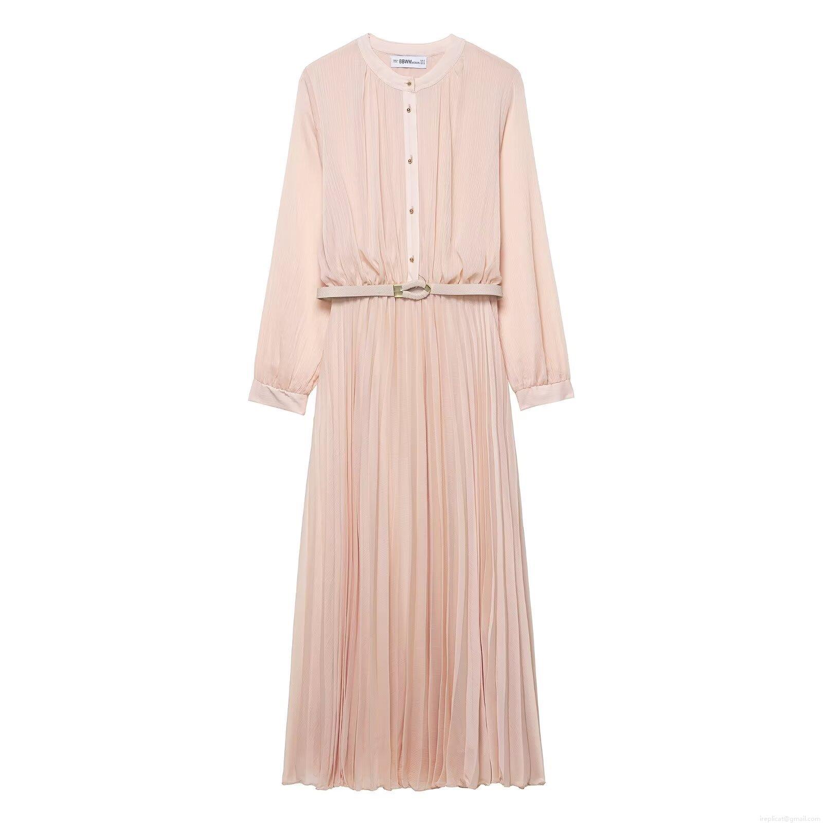 Elegant Pleated Maxi Dress With Belt Women Long Sleeve Round Neck Chiffon Texture A-Line Dress Solid Color Autumn Streetwear Fashion Gown