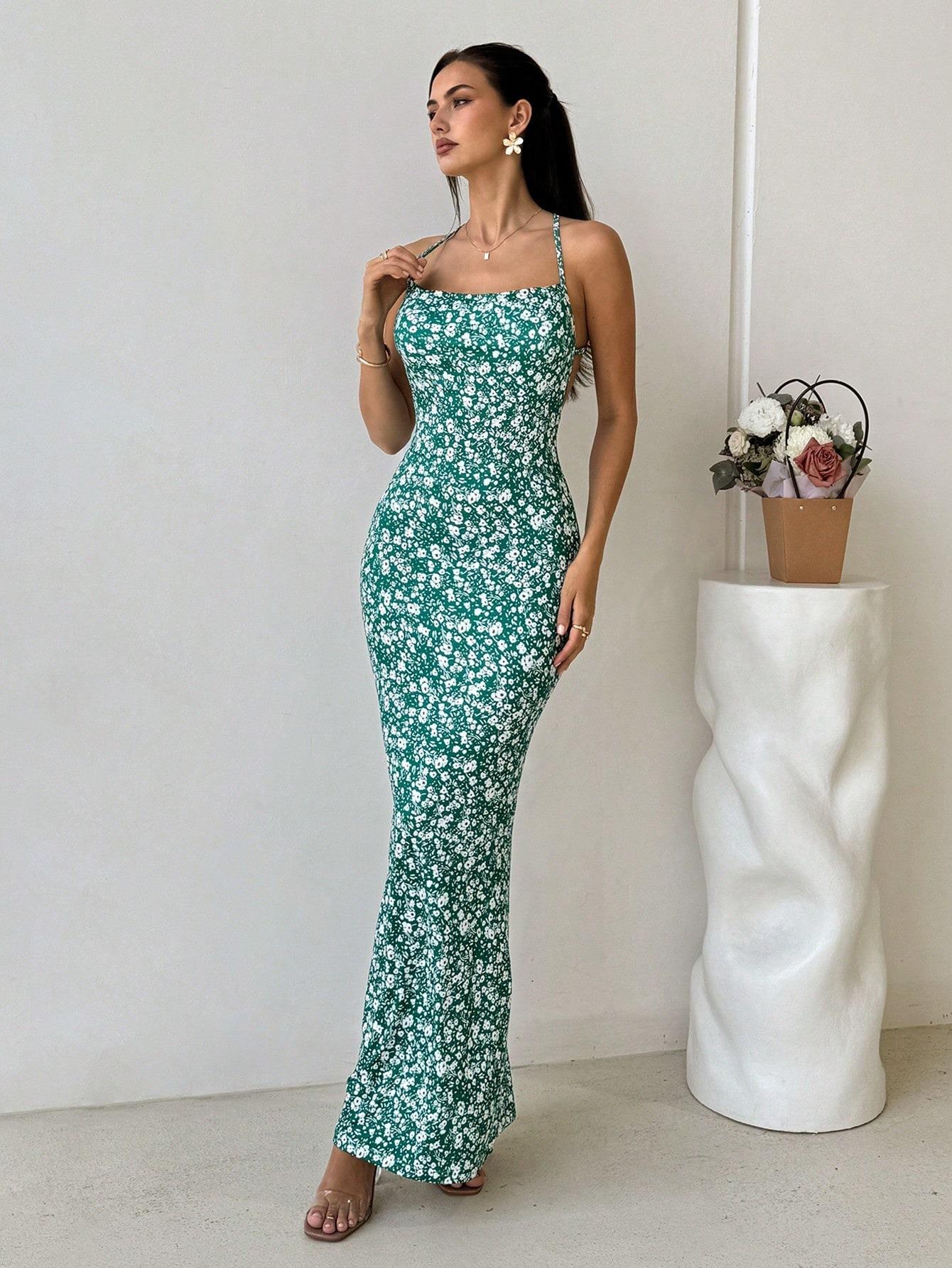 Women's Summer Backless Floral Maxi Dress Sexy Halter Neck Mermaid Long Dress For Vacation Beach Party Date Night Elegant Polyester Spandex Casual Wear