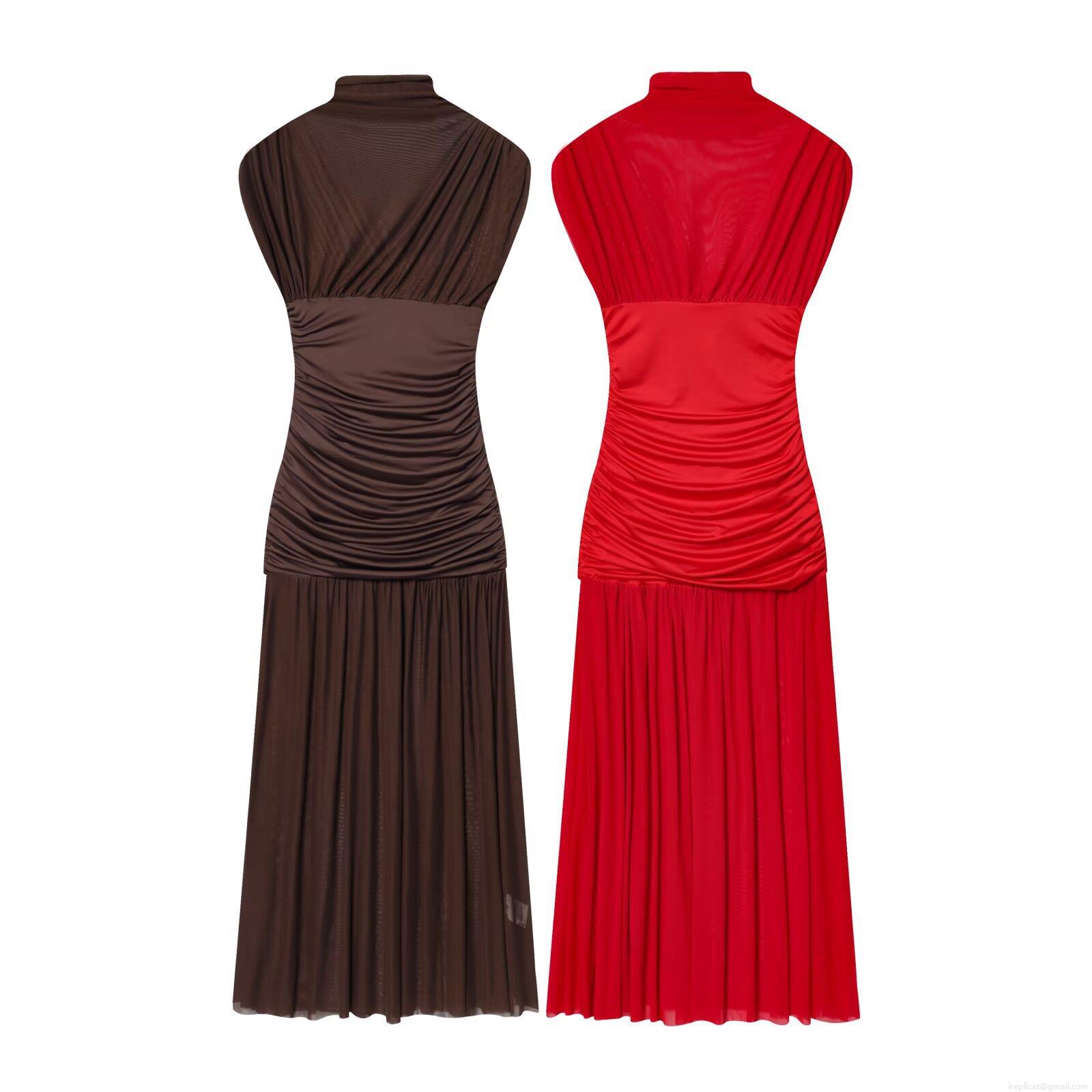 Women's Elegant Mock Neck Sleeveless Mesh Patchwork Dress Sexy Ruched Pleated Maxi Dress For Party Club Streetwear Polyester Bodycon Long Dress