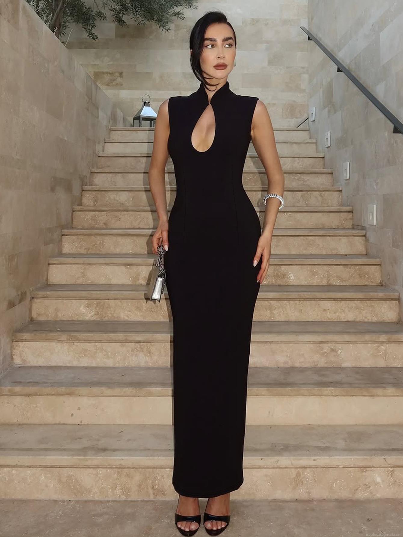 Women Sleeveless Cutout Maxi Dress Stand Collar Back Slit Slim Fit Sexy Elegant Knit Party Evening Dress Polyester Spandex Long Dress