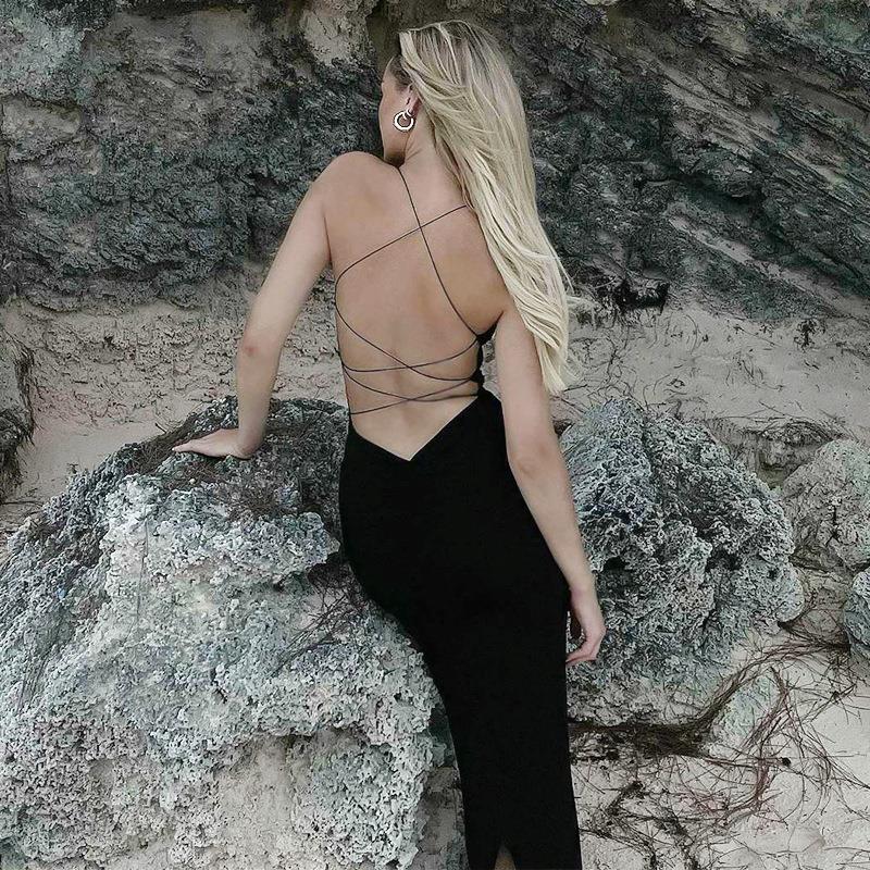 Sexy Backless Spaghetti Strap Maxi Dress Slim Fit Side Split Bodycon Dress For Women Party Night Club Summer Evening Gown Polyester Spandex Solid Color Stretch Elegant Prom Outfit
