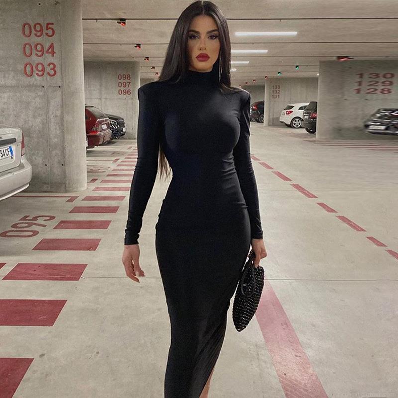 Women's High Neck Long Sleeve Maxi Dress Slim Fit Bodycon Polyester Spandex Stretchy Elegant Solid Color Party Evening Dress For Ladies