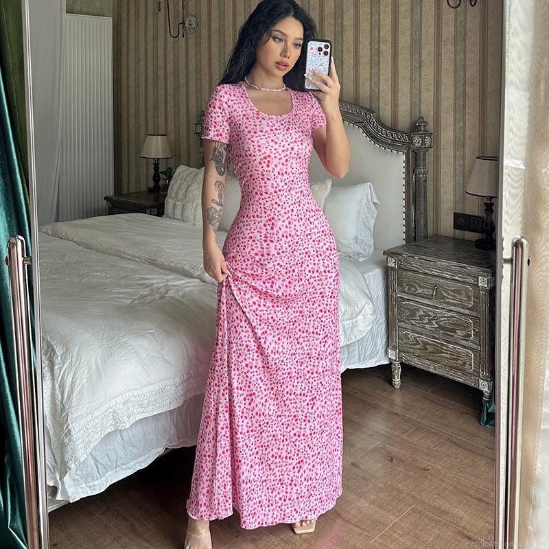 Women Summer Floral Print Maxi Dress Short Sleeve U-Neck Backless Tie-Up Sexy Slim Fit Vacation Beach Party Dress Elegant Polyester Spandex Dress