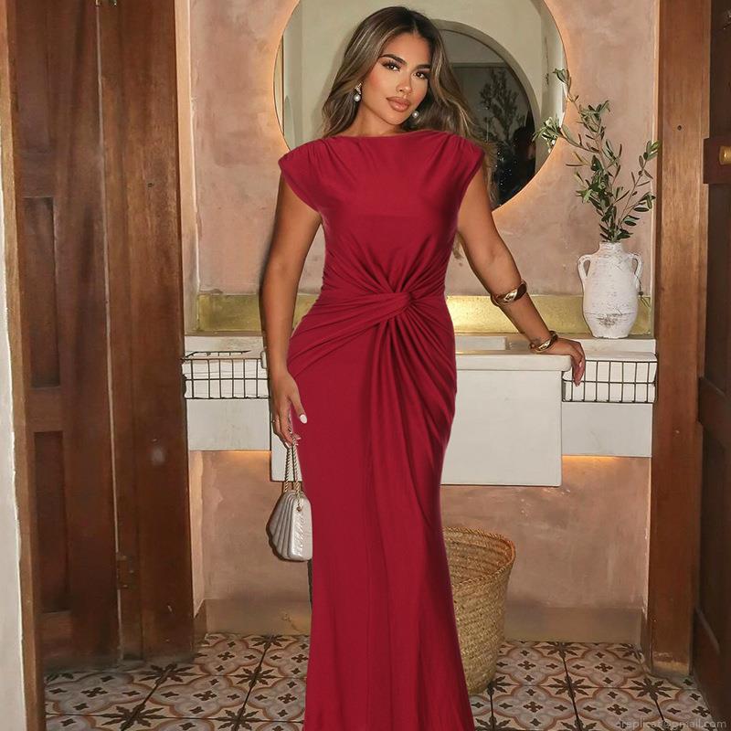 Women's Elegant Ruched Maxi Dress Sleeveless Round Neck Knotted Evening Gown Slim Fit Solid Color Polyester Spandex Long Dress for Party Banquet Wedding