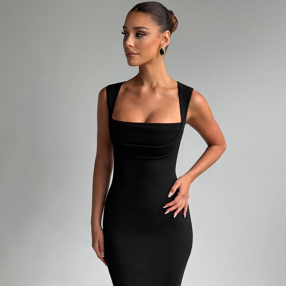 Women's Elegant Square Neck Sleeveless Maxi Dress 95% Polyester 5% Spandex Slim Fit Bodycon Summer Party Evening Long Dress