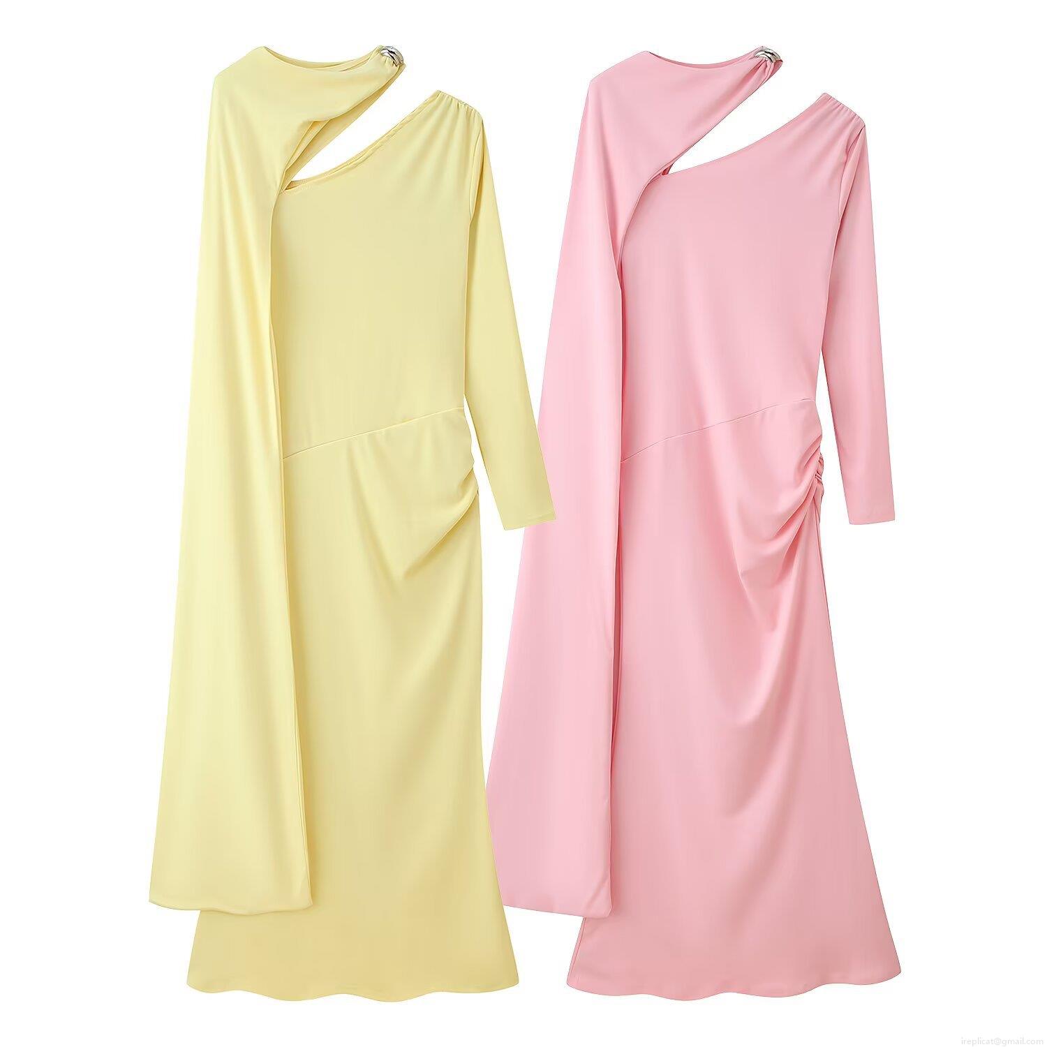 Women Asymmetric Off Shoulder Pleated Maxi Dress Polyester Long Sleeve Cut Out Solid Color Streetwear Party Elegant Evening Gown With Metal Buckle