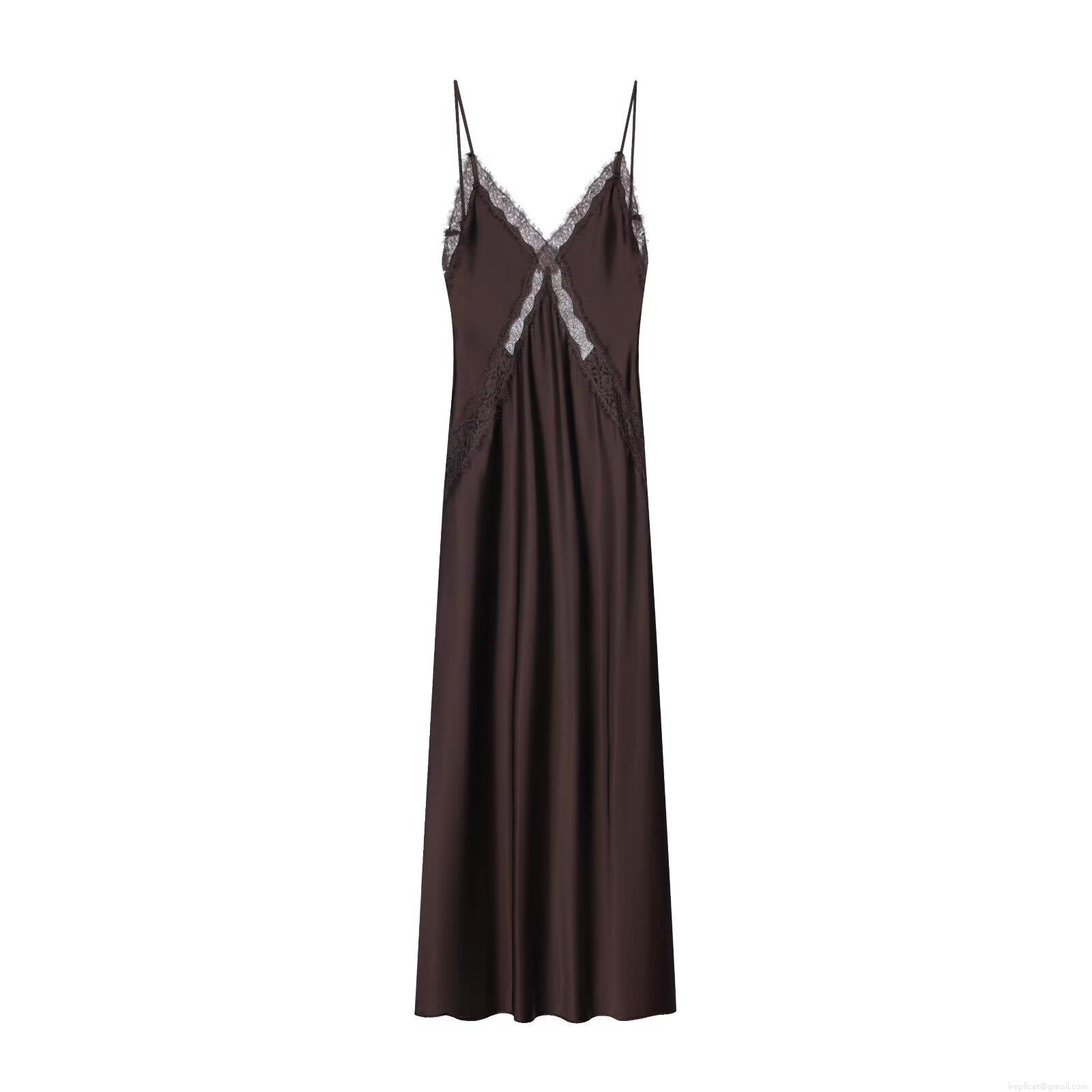 Women Sexy Lace Stitching Satin Maxi Dress V Neck Sleeveless Spaghetti Strap Solid Color Slip Dress For Summer Party Night Out