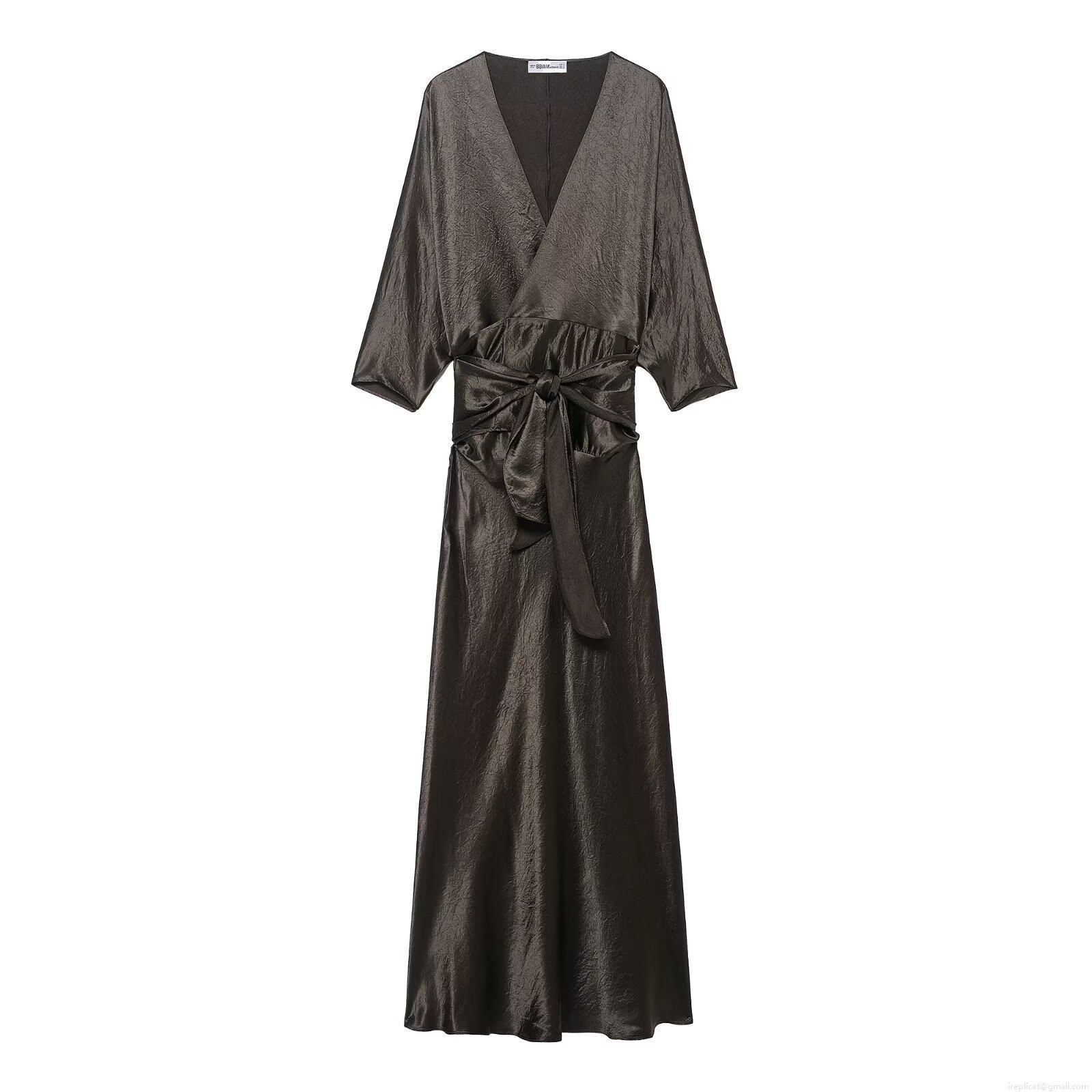 Elegant V-Neck Long Sleeve Maxi Dress For Women Satin Texture Crinkle Polyester Fabric Tie Waist Slim Fit Party Evening Casual European Style Dresses